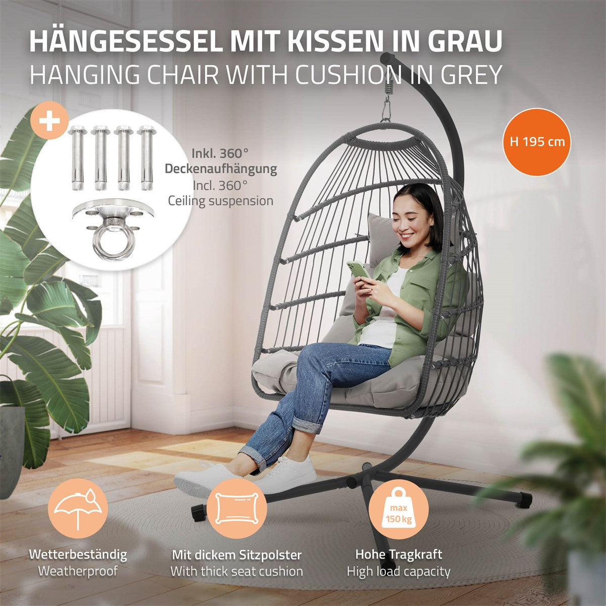 Hängesessel in Grau mit Kissen und 360° Deckenaufhängung.