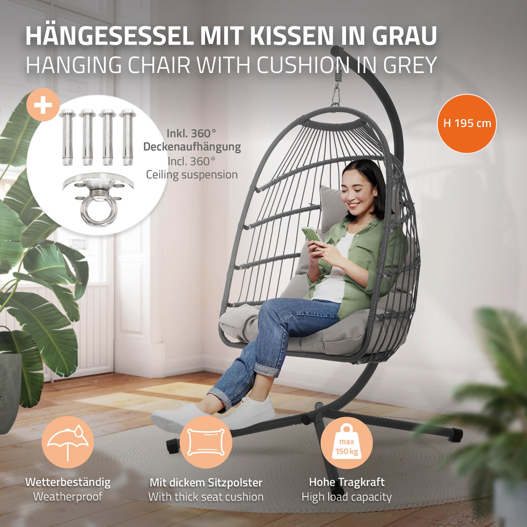 Függőszék szürke színben párnával és 360°-os mennyezeti felfüggesztéssel.