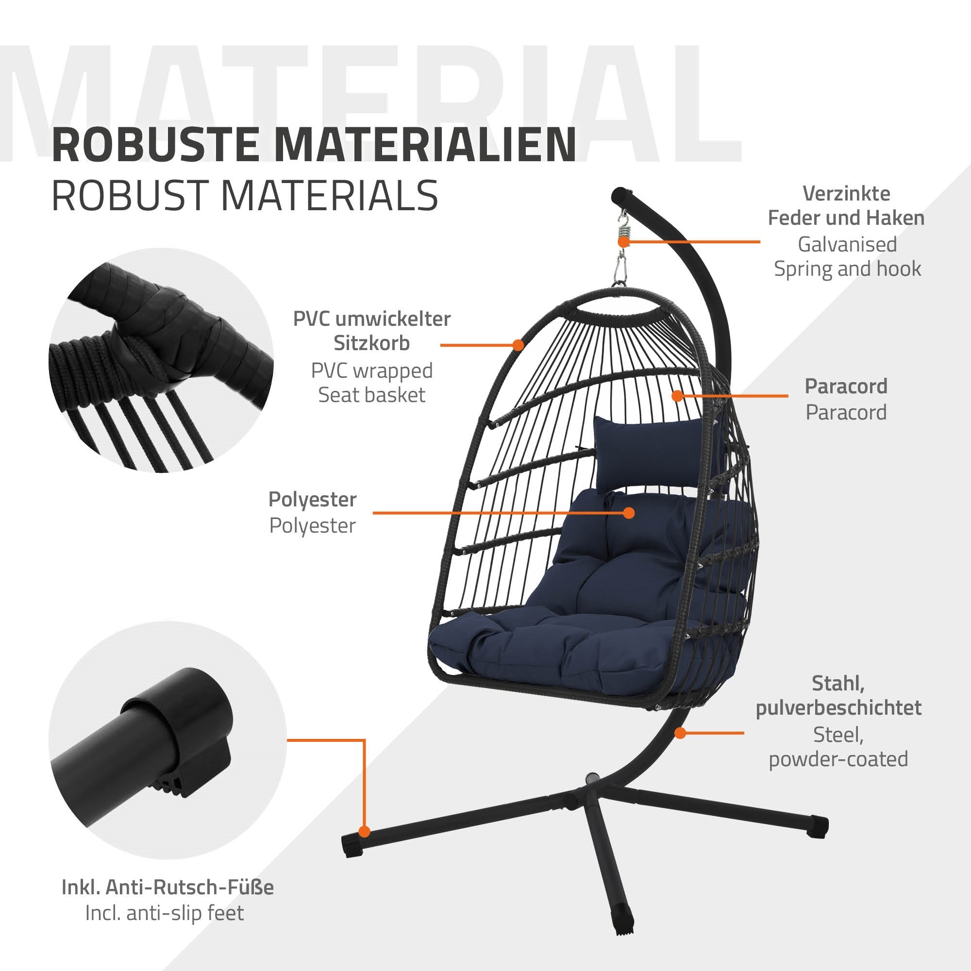 Diagram anyagokkal és egy függő szék tulajdonságaival.