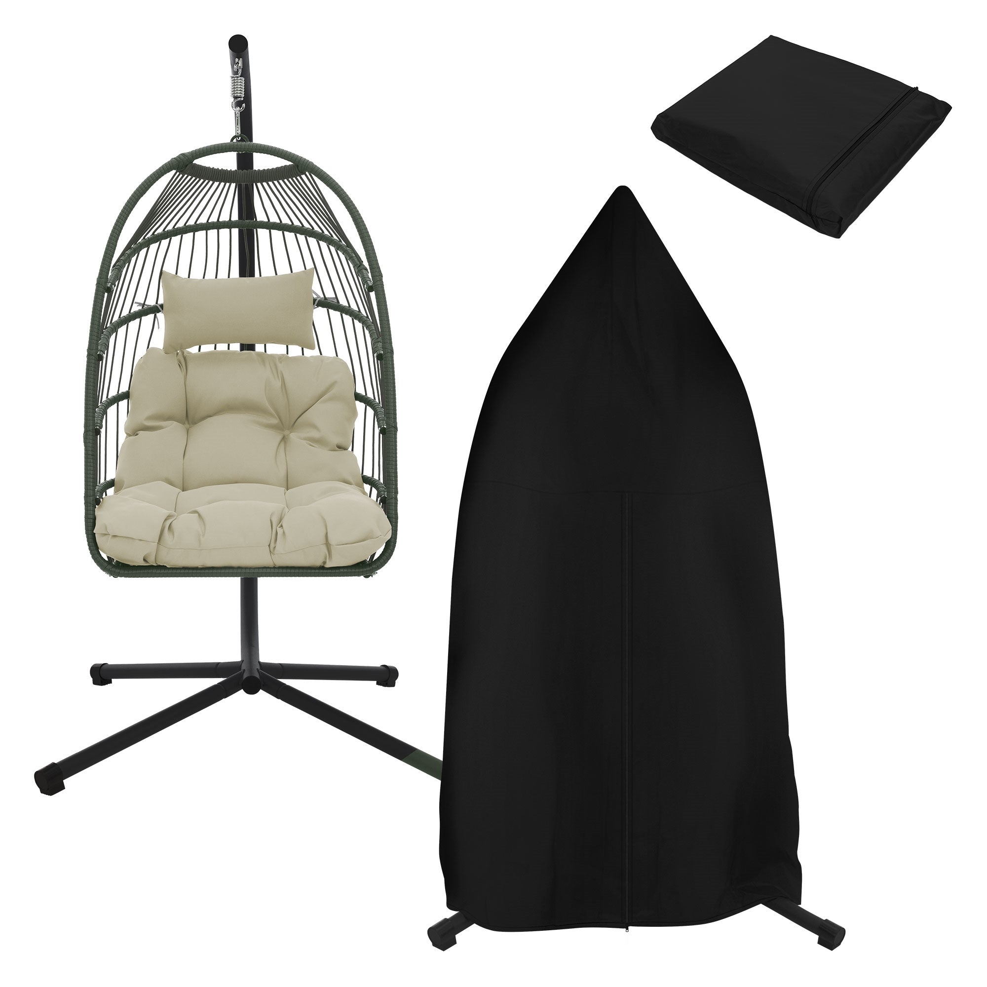 Sedia a sospensione con cuscino e una copertura nera.
