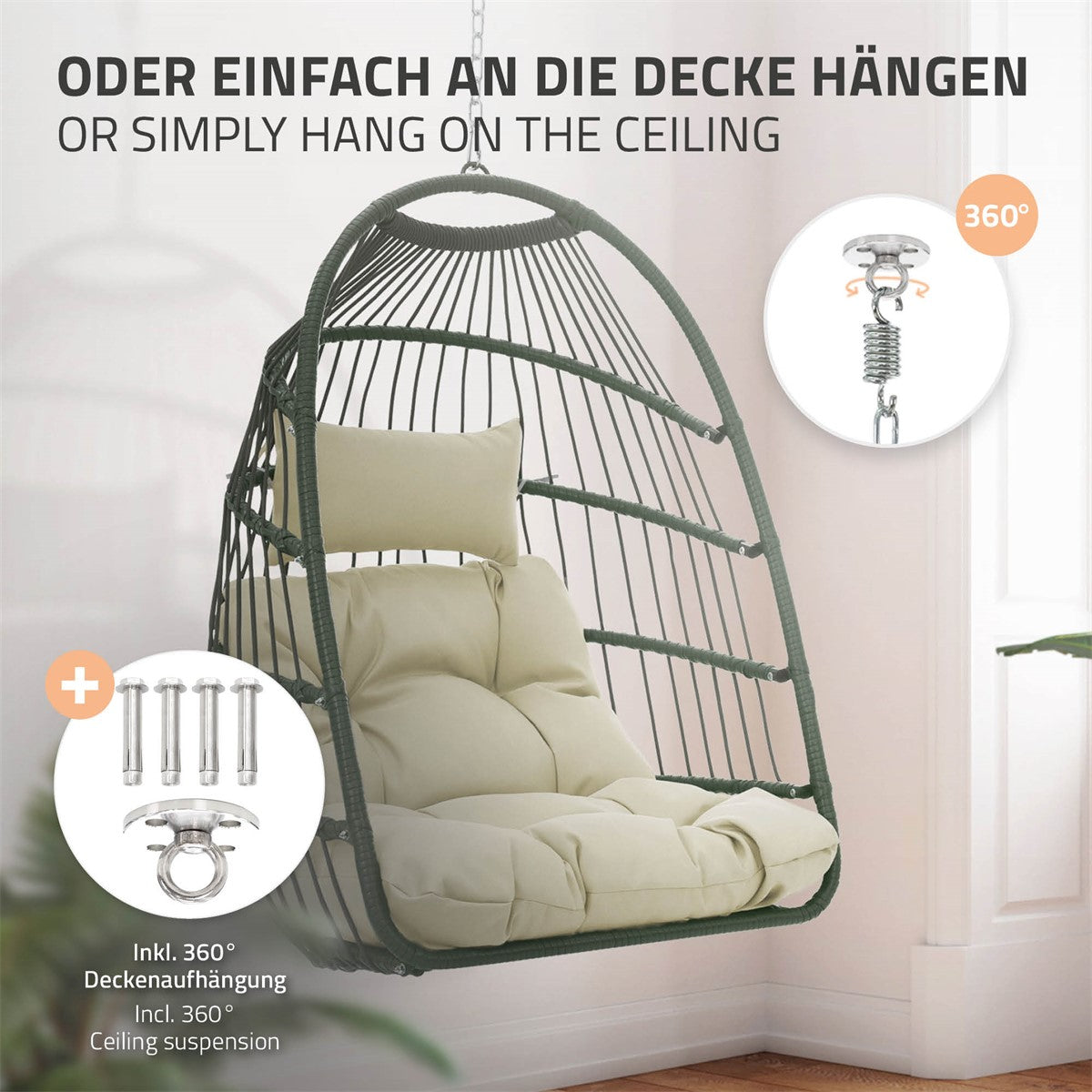 Hängesessel mit Kissen, an der Decke hängend, mit Aufhängungsteilen.