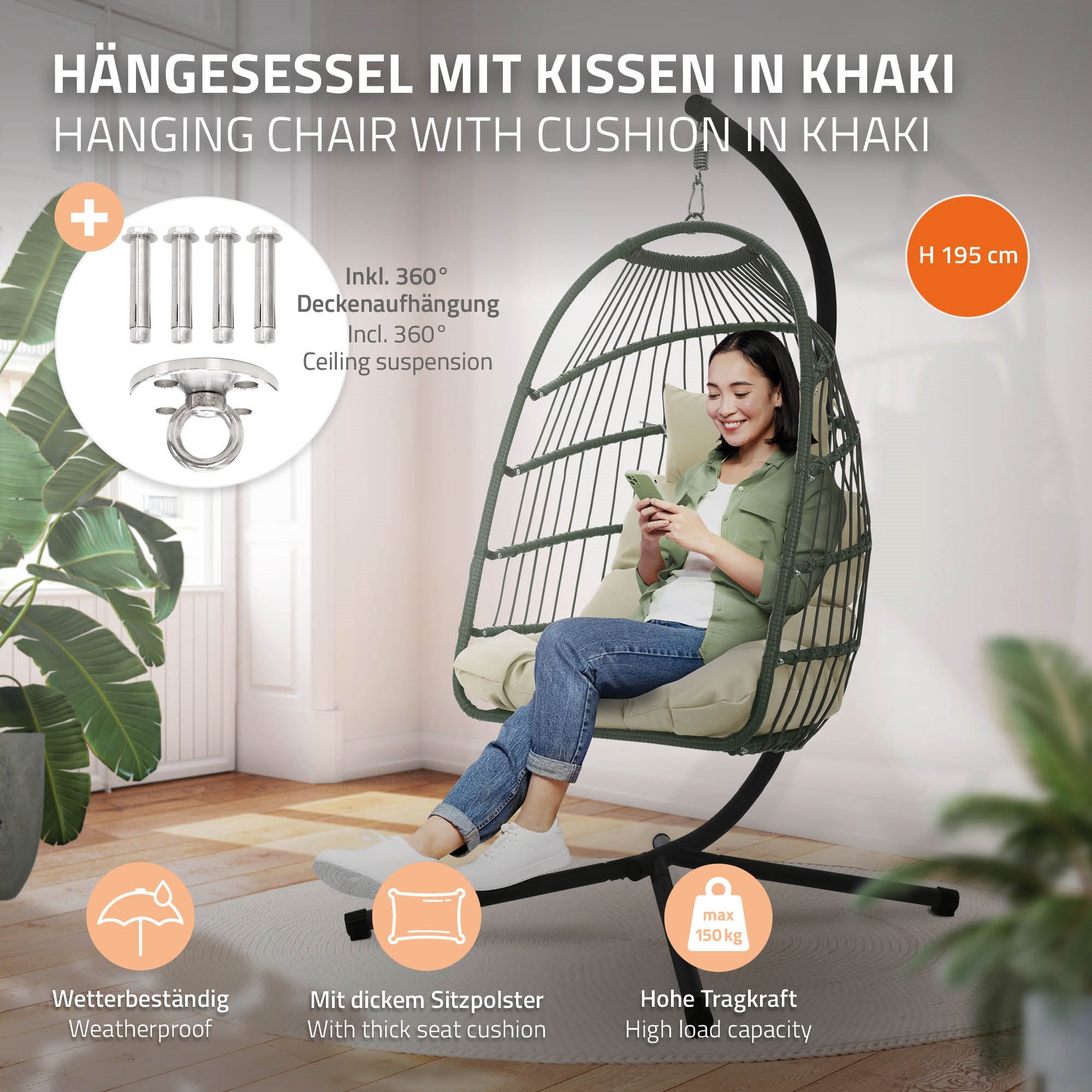 Sedia a sospensione in khaki con cuscino, dettagli per il montaggio a soffitto.