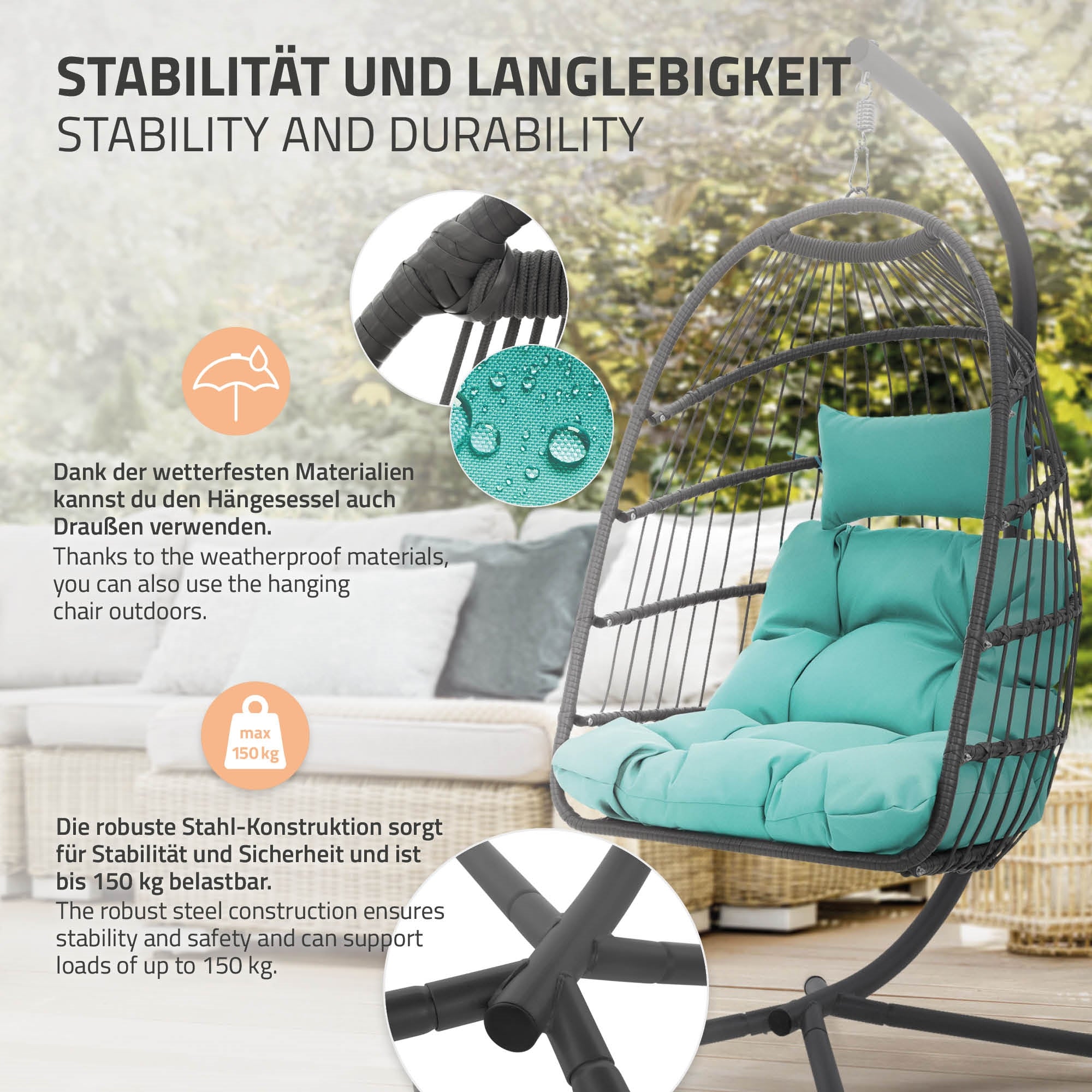 Chaise suspendue avec coussins, en matériau résistant aux intempéries et construction stable.