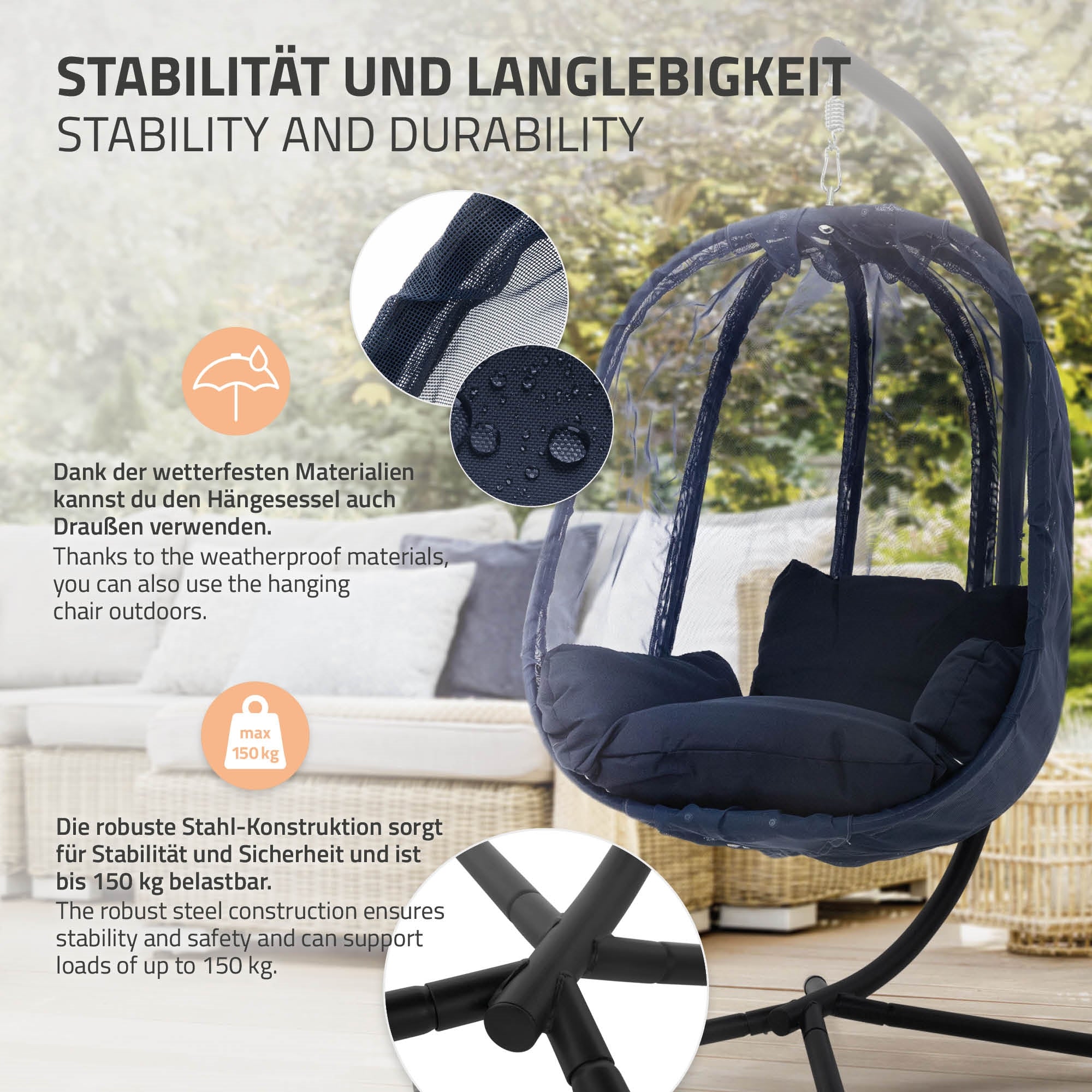 Függőszék időjárásálló anyagokból és stabil acélszerkezettel.