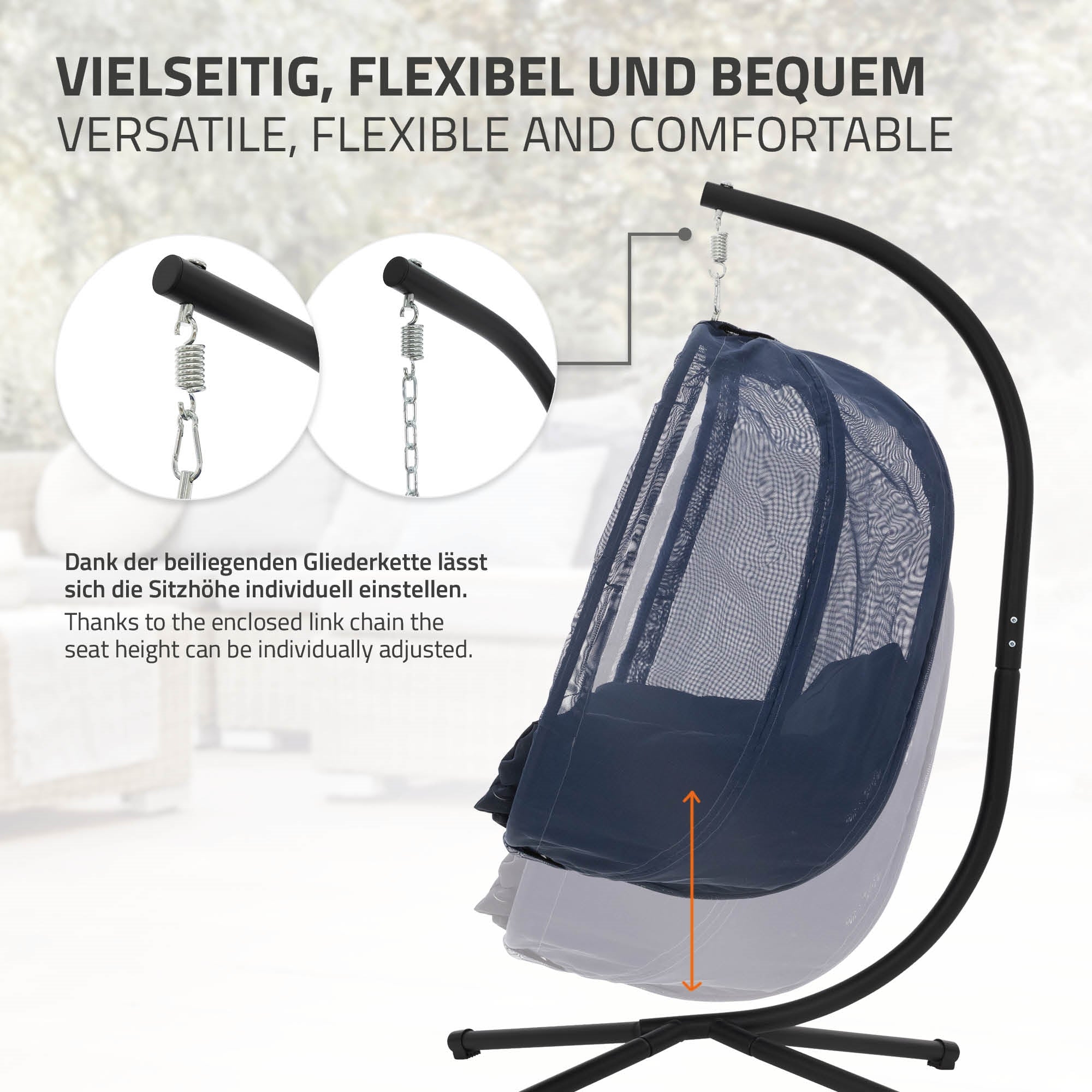 Hængekøje med justerbar siddehøjde og stabil holder.