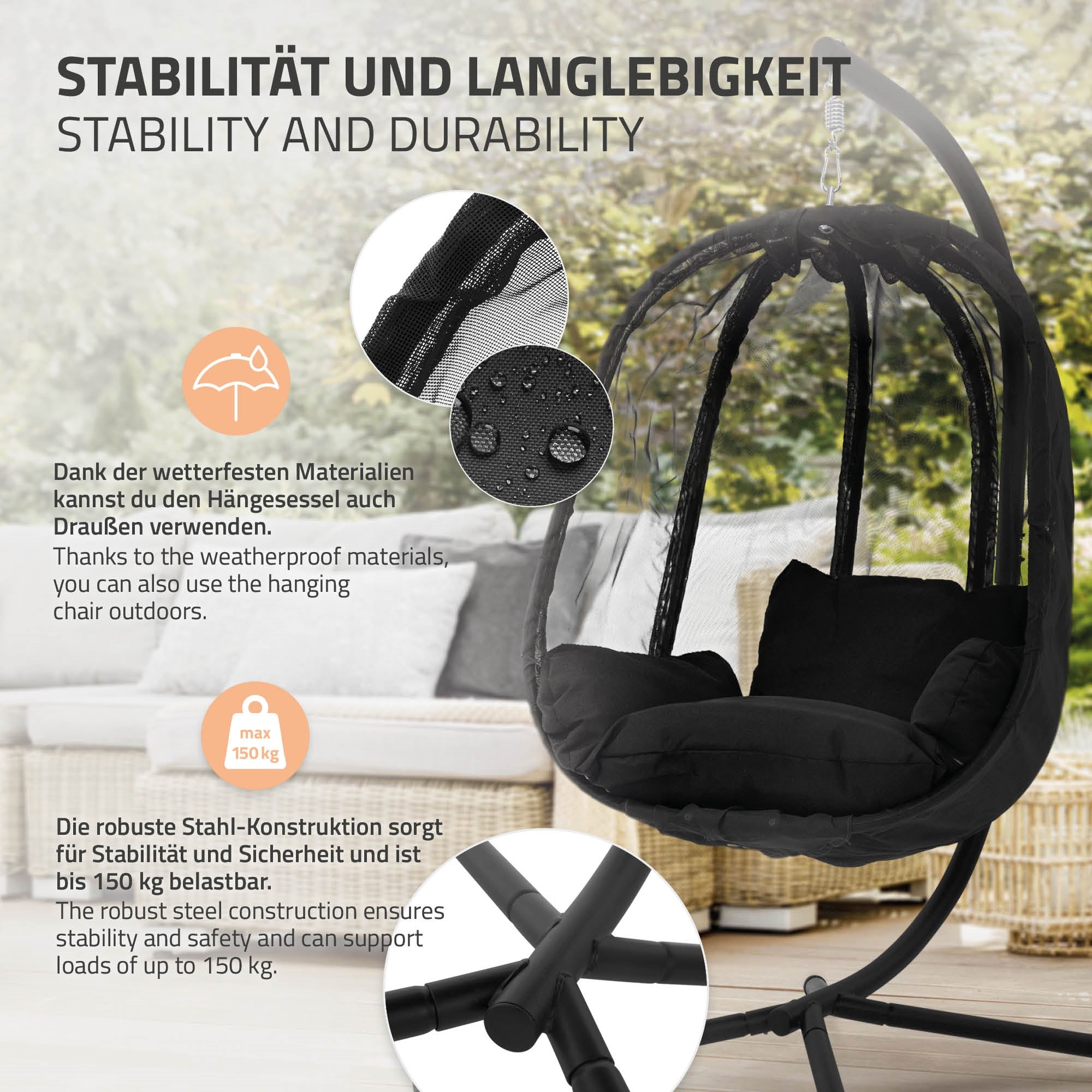 Függőszék stabil acél szerkezettel, legfeljebb 150 kg-ig.