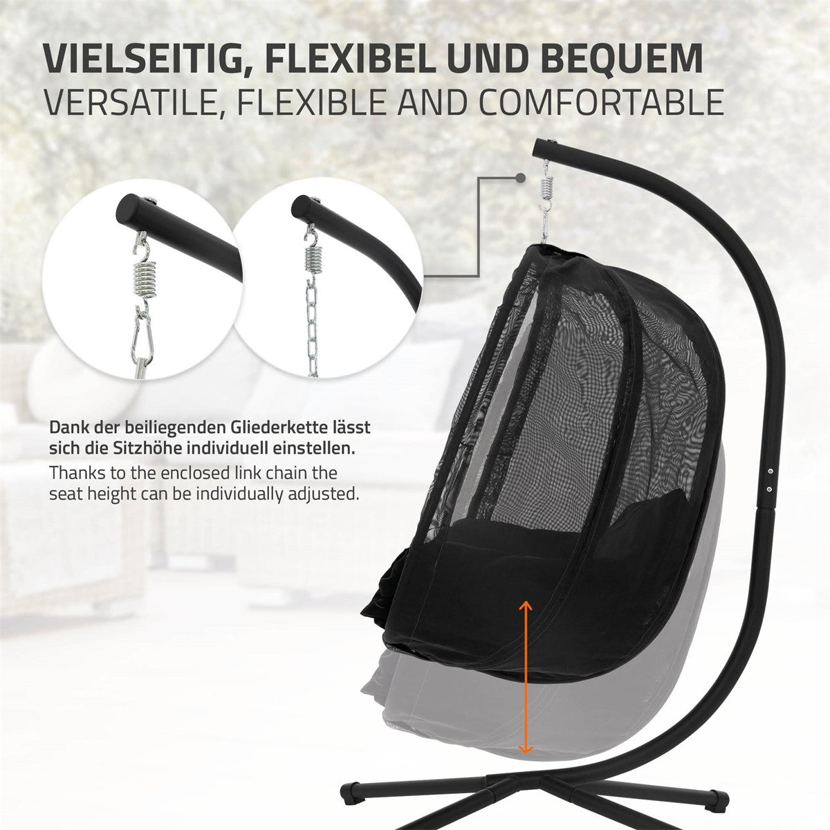 Hängesessel mit verstellbarer Kette und stabiler Halterung.
