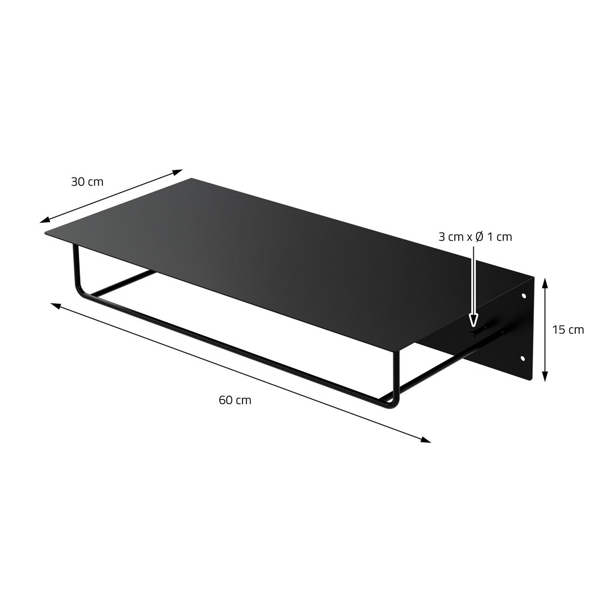 Schwarze Wandablage mit Maßen: 60 cm x 30 cm x 15 cm.