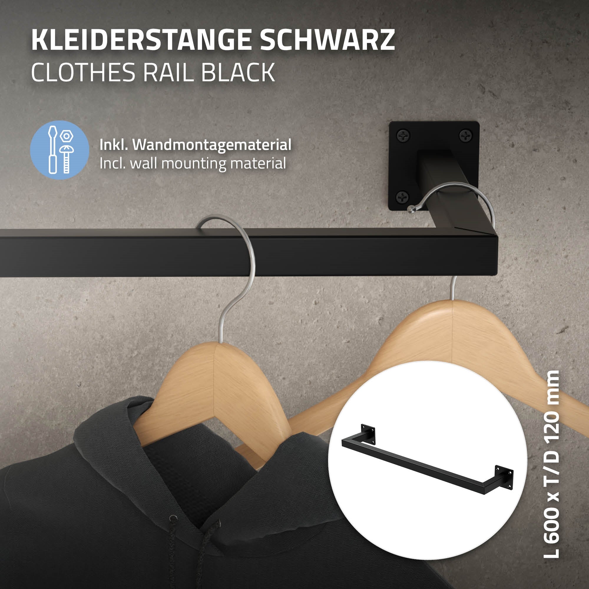 Schwarze Kleiderstange mit zwei Holzkleiderbügeln.