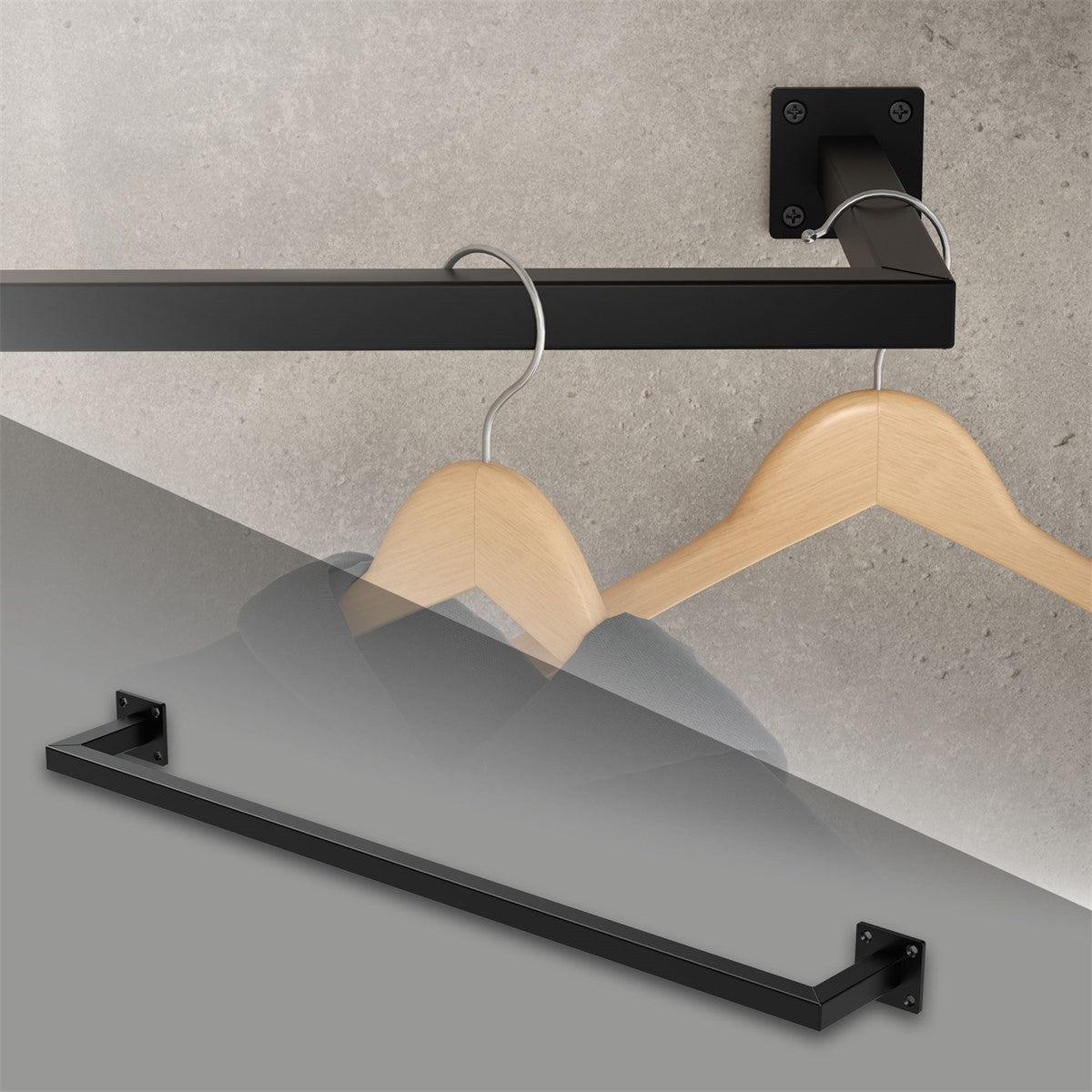 Black rail with clothes hangers on a wall bracket.