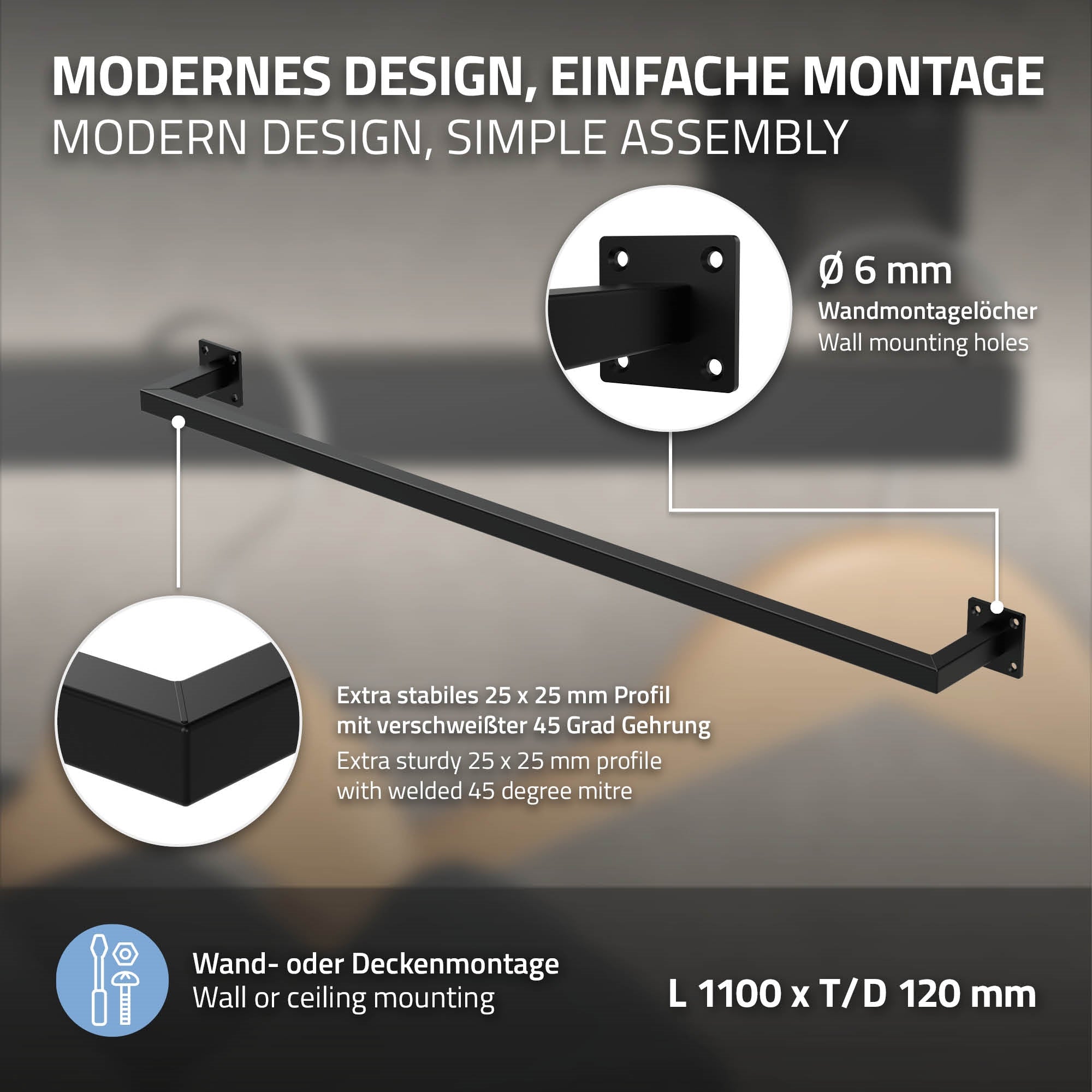 Schwarze Kleiderstange mit Wandmontage, inklusive Montagematerial.