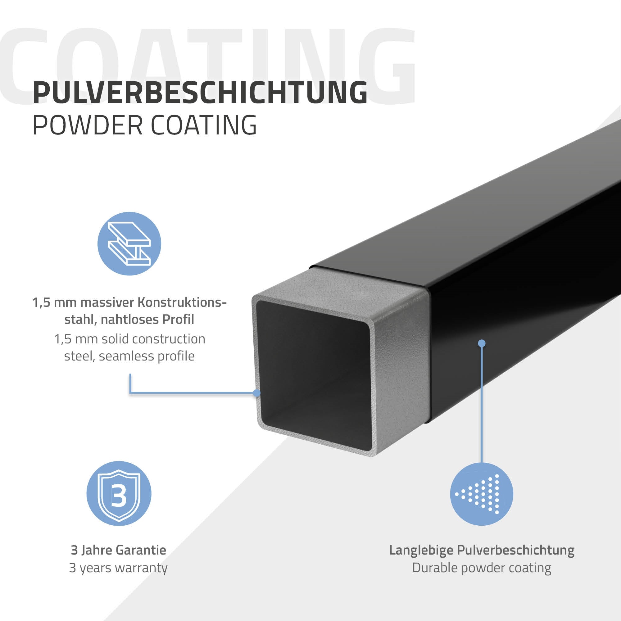 Schwarzes, quadratisches Stahlprofil mit Pulverbeschichtung.