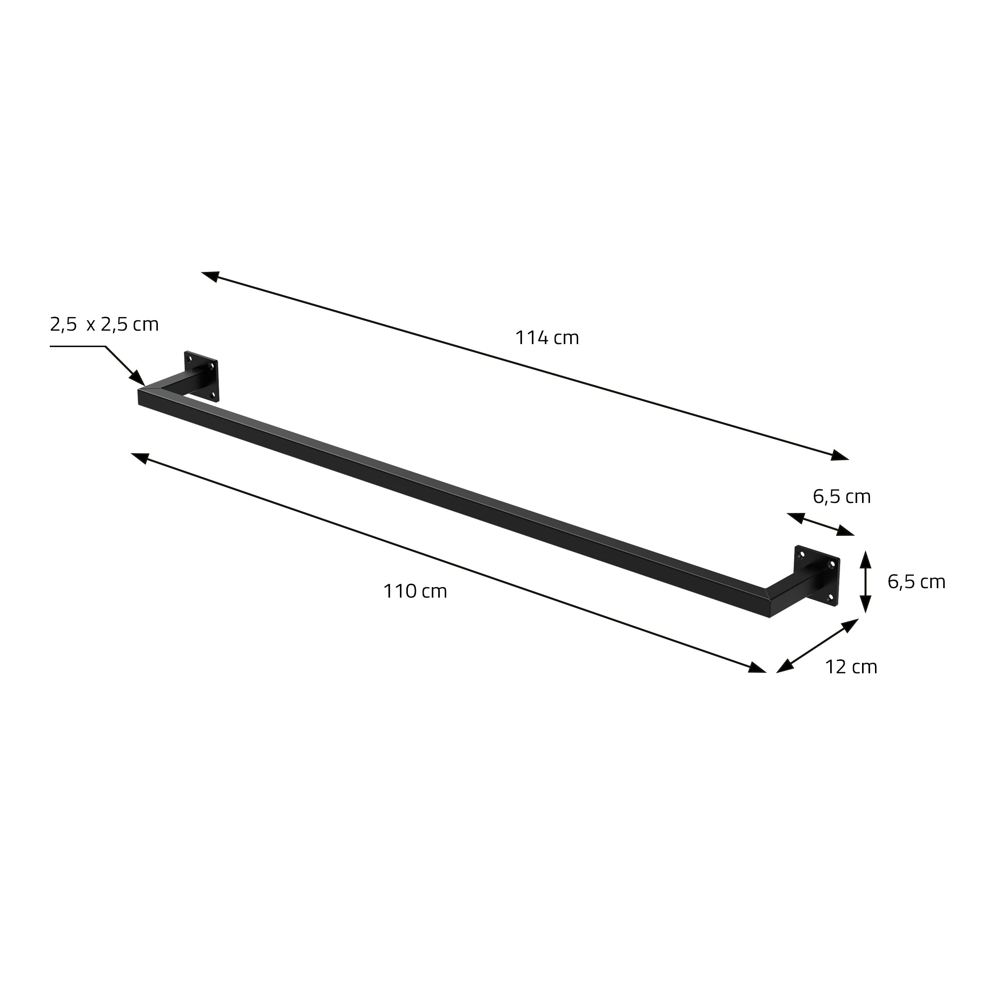 Lange schwarze Stange mit Abmessungen und Montagehinweisen.