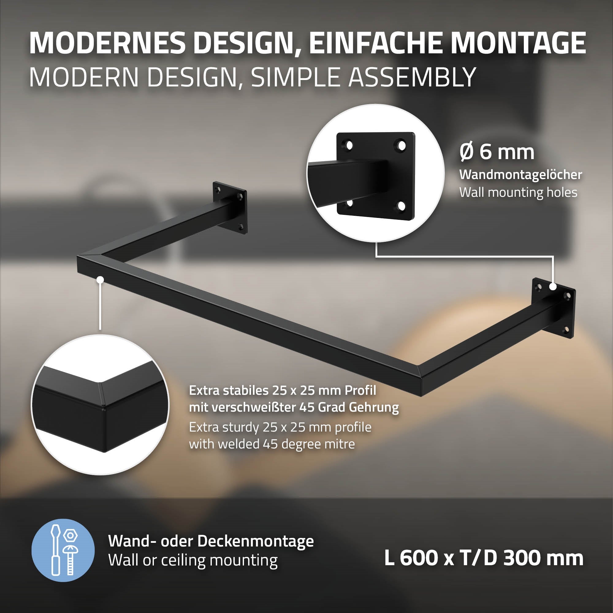 Schwarze Wandhalterung mit Montageanleitung und Maßen.