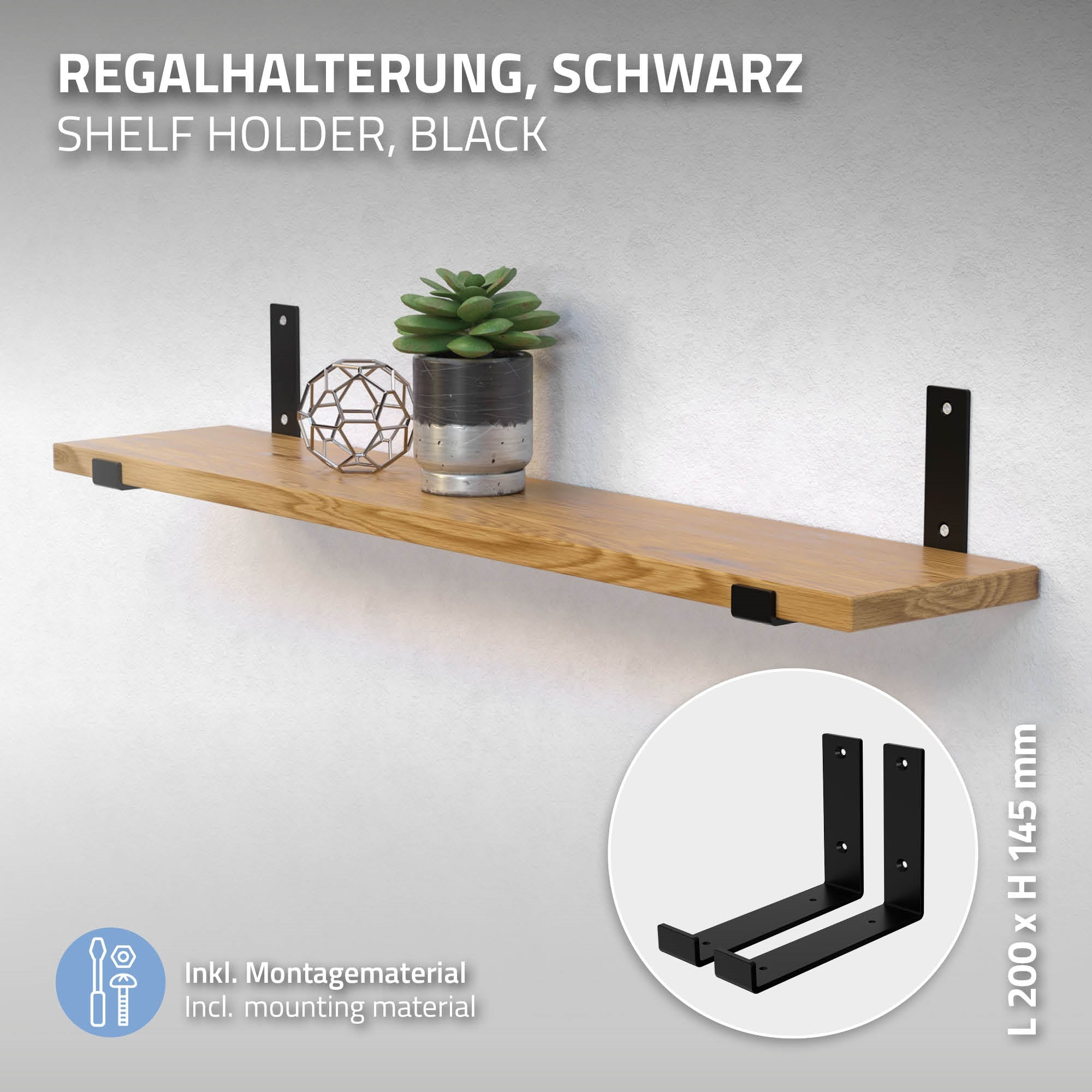 Schwarze Regalhalterung mit einer Pflanze und einer Dekokugel.