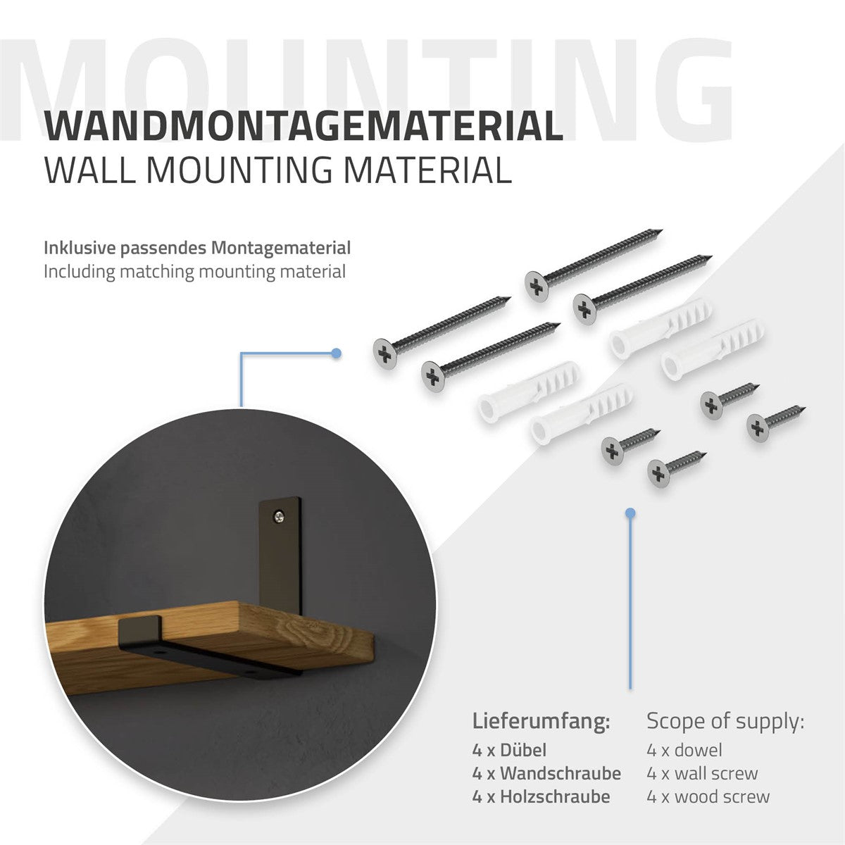 Wandmontagematerial mit Dübel, Schrauben und Unterlegscheiben auf hellem Hintergrund.
