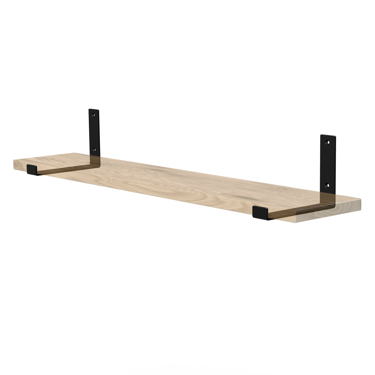 Wandregal aus Holz mit schwarzen Halterungen, an einer Wand montiert.