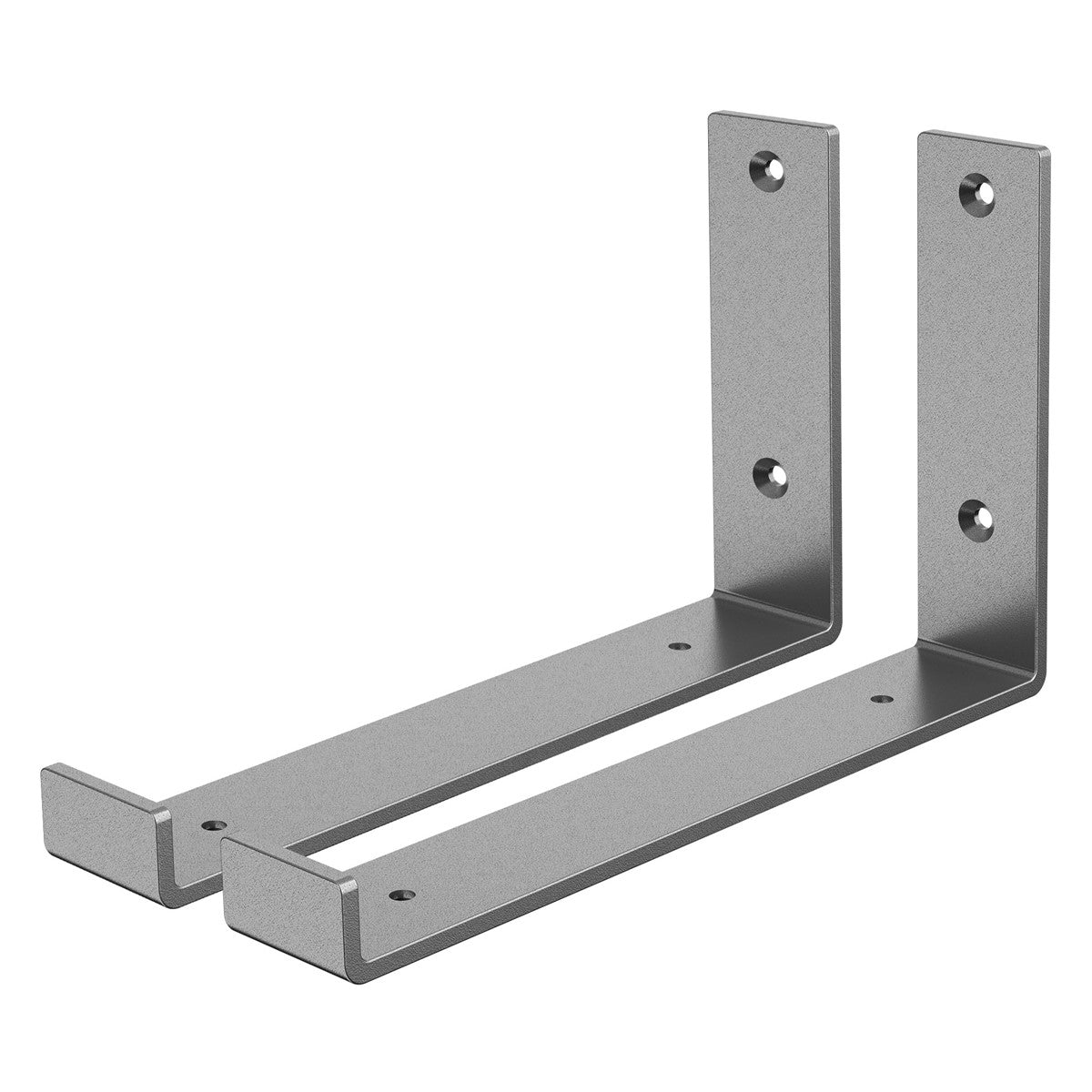 Two gray shelf brackets with mounting holes.