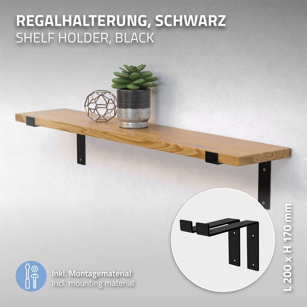 Schwarze Regalhalterung mit Maßangaben und Beschreibung.