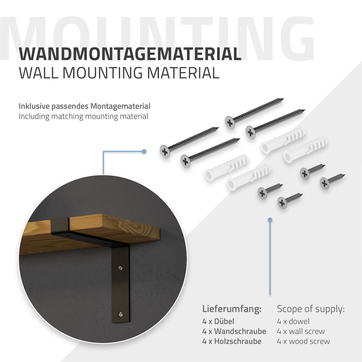 Montagematerial für Wandregale, inklusive Dübel und Schrauben.