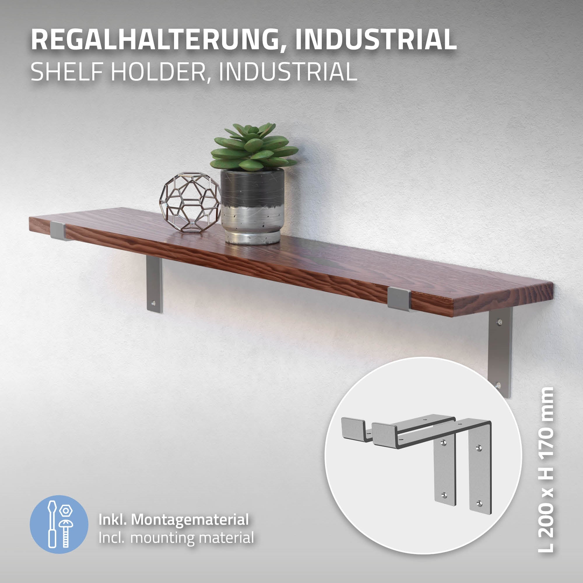 Industrielle Regalhalterung mit Holzregal und Pflanze.