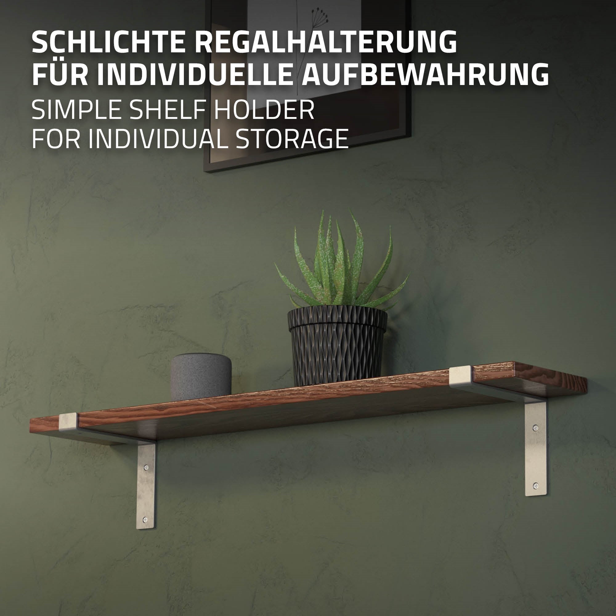 Regalhalterung aus Metall mit Pflanze und Blumentopf.