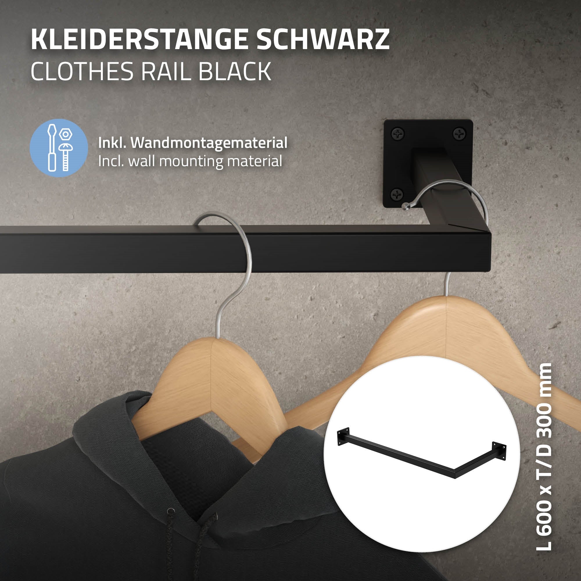Grafik mit Informationen zur schwarzen Kleiderstange und Montageanleitung.