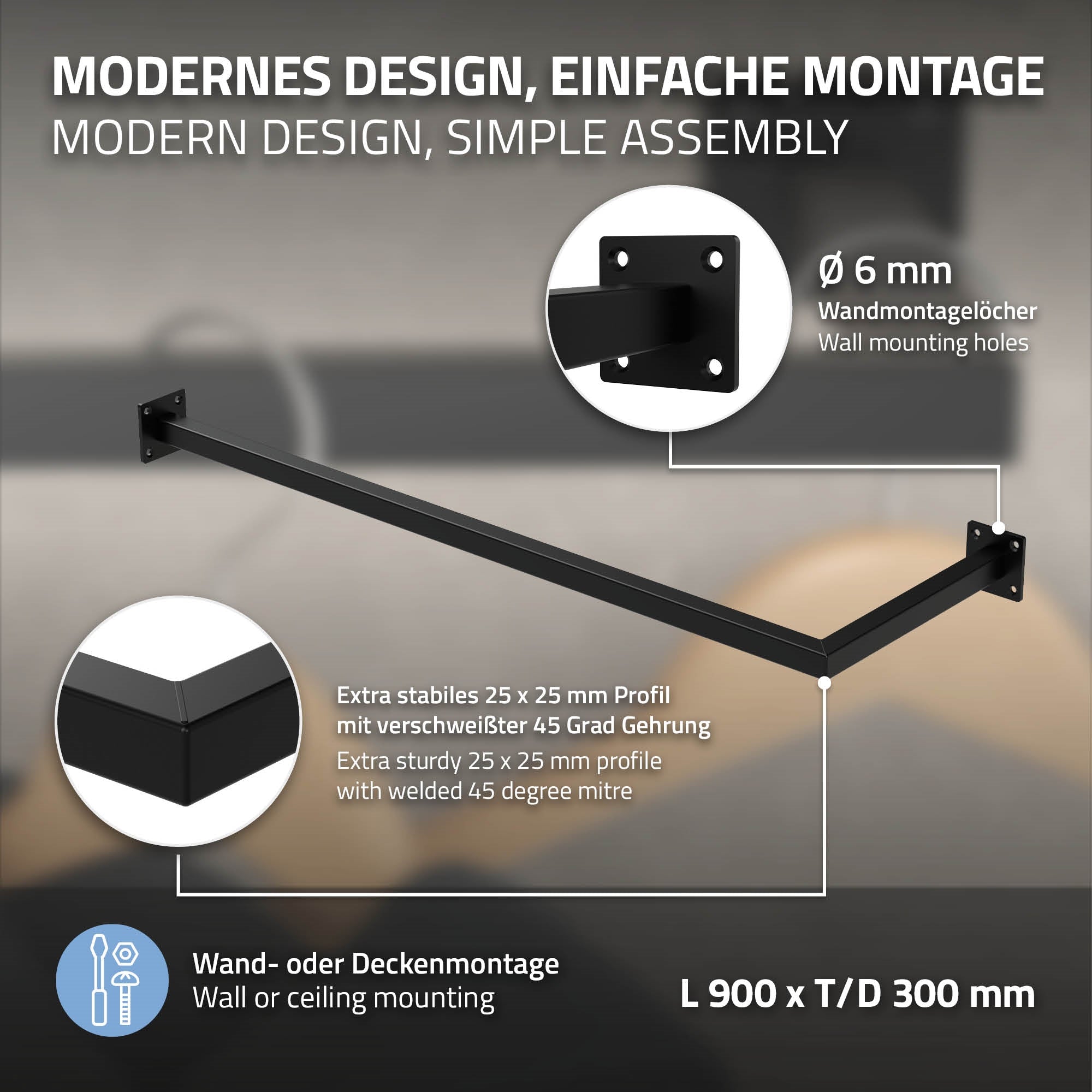 Eine schwarze Wandhalterung mit Montagehinweisen und Abmessungen.