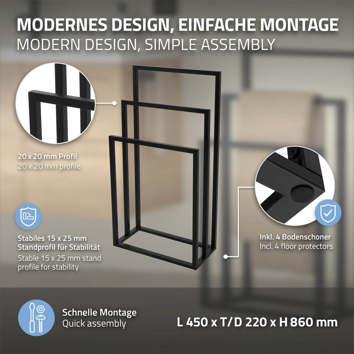 Grafik mit modernem Design und Montageanleitung für ein Möbelstück.