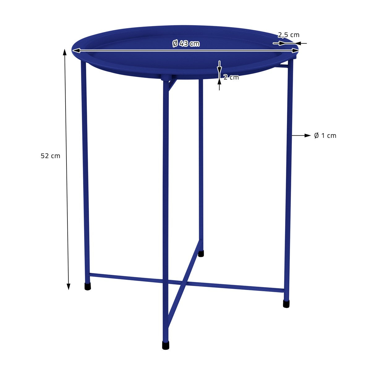 Blauer Beistelltisch mit Maßangaben und Abmessungen.