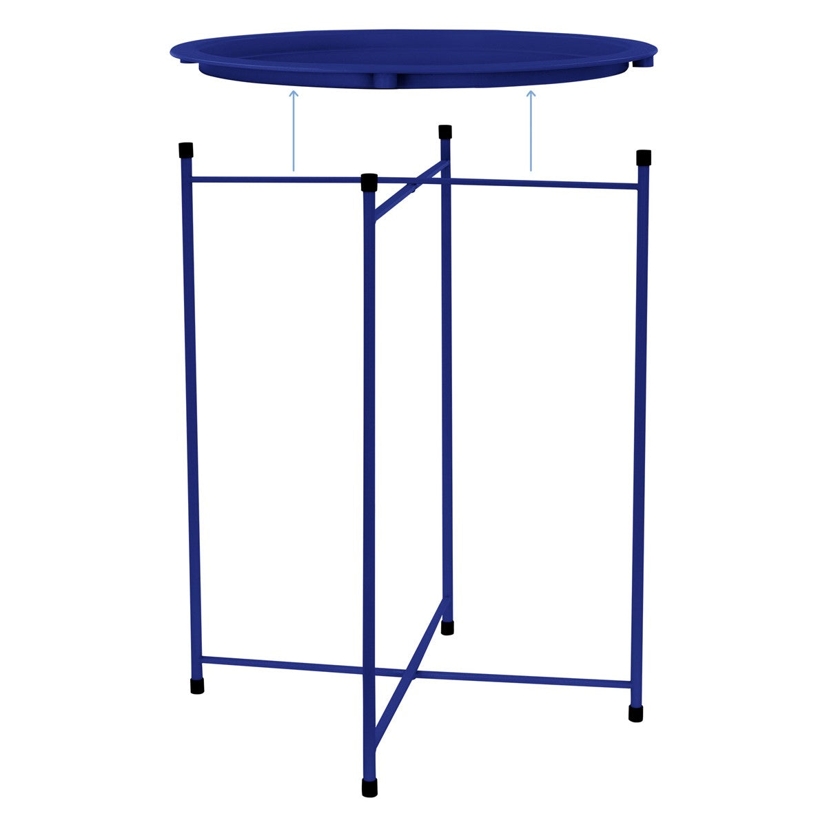Blauer Tisch mit abnehmbarer runder Platte und vier Beinen.
