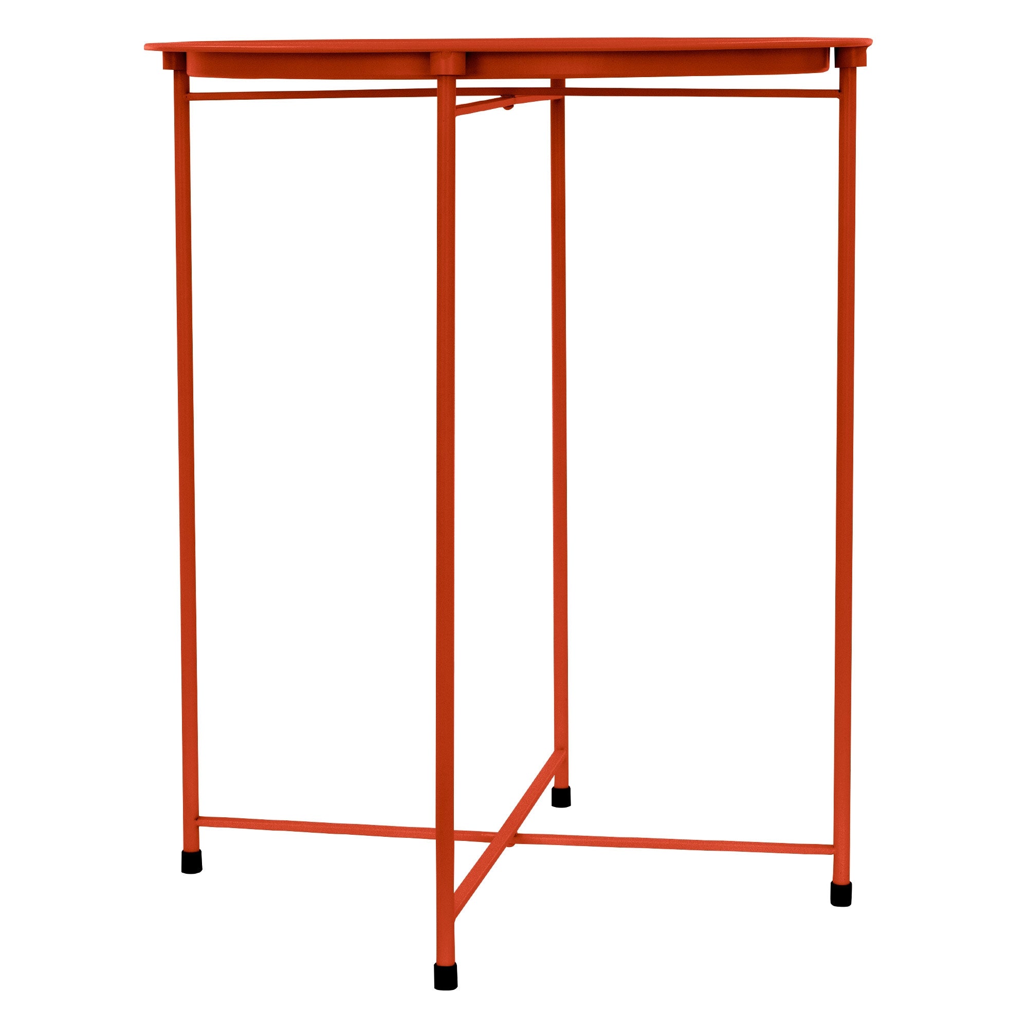 Oranssi sivupöytä, jossa on neljä jalkaa ja tukeva pöytälevy.