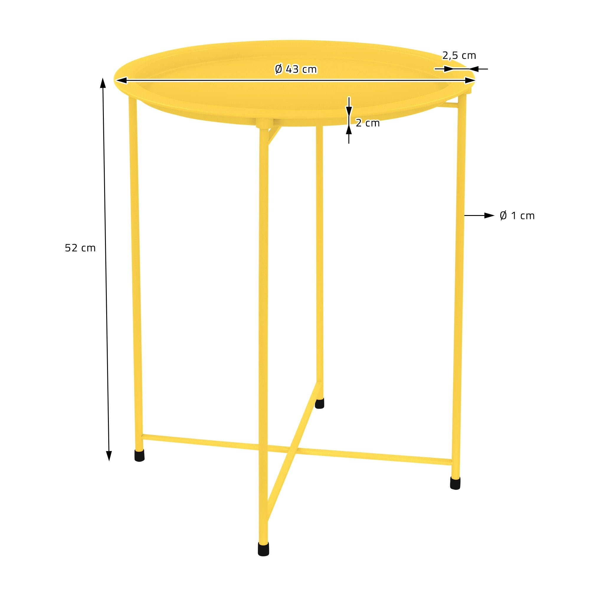 Gelber Beistelltisch mit Maßangaben und einem Durchmesser von 43 cm.