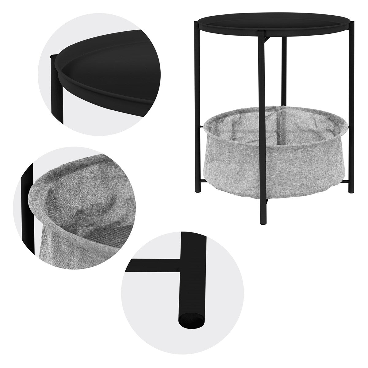 Mesa auxiliar negra con tablero redondo y cesta de tela gris.