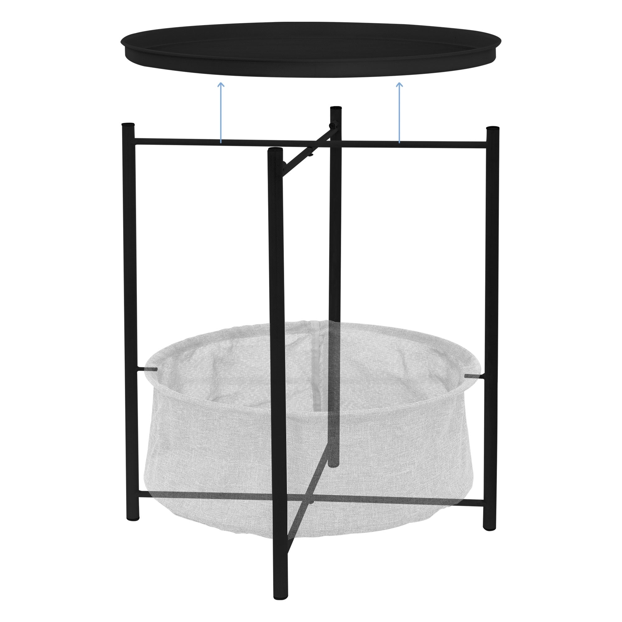 Sort sidebord med aftagelig plade og grå stofkurv.