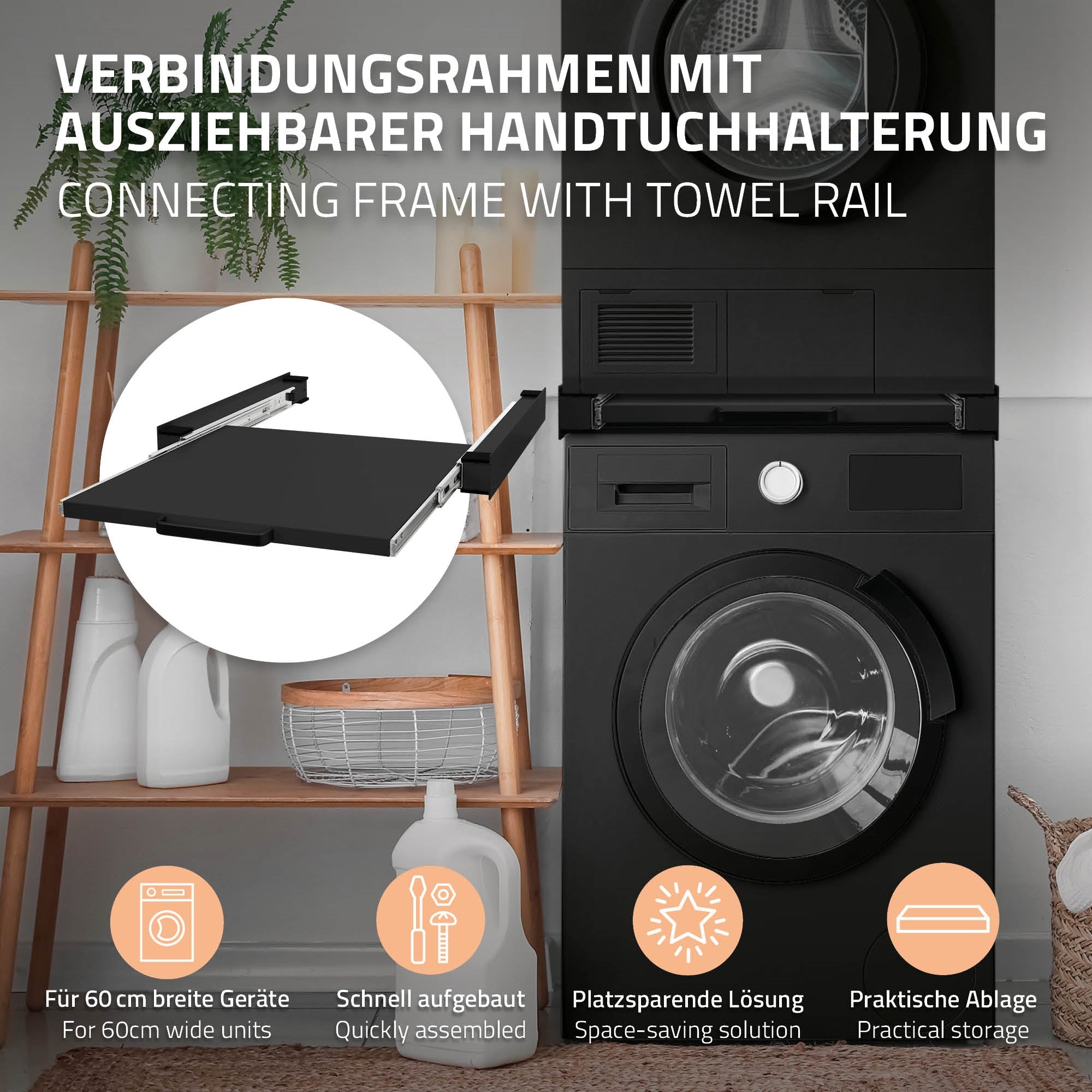 Verbindungsrahmen mit ausziehbarer Handtuchhalterung neben einer Waschmaschine.