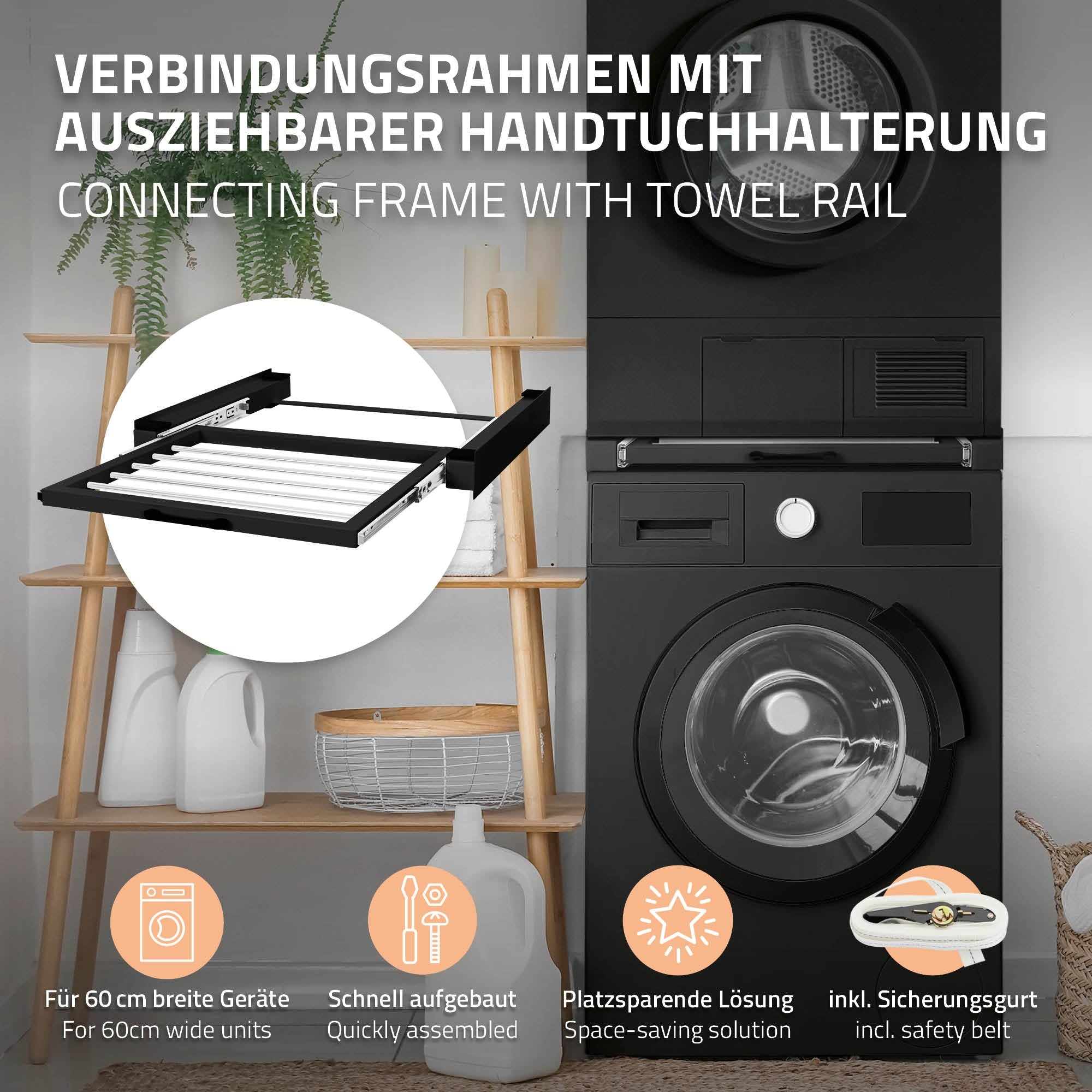 Schwarzer Verbindungsrahmen mit Handtuchhalter neben einer Waschmaschine.