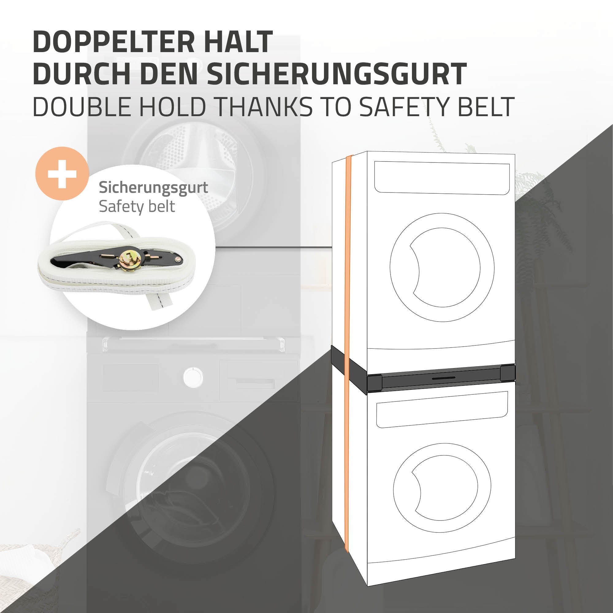 Illustration eines Waschmaschinenuntergestells mit Sicherheitsgurt zur Stabilisierung.