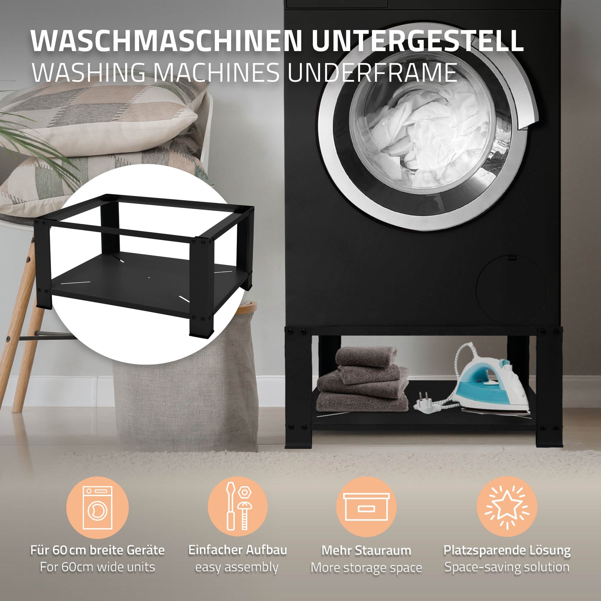 Waschmaschinenuntergestell mit Platz für eine Waschmaschine und einem Bügeleisen.