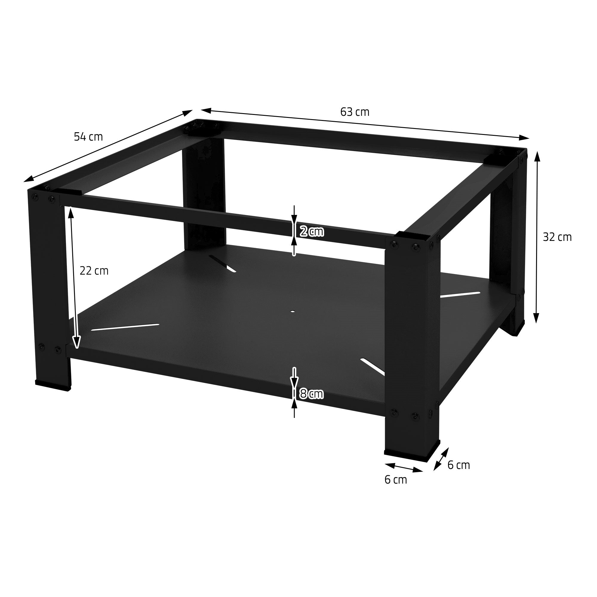 Sort bord med mål: 63 cm x 54 cm x 32 cm, med nederste hylde.