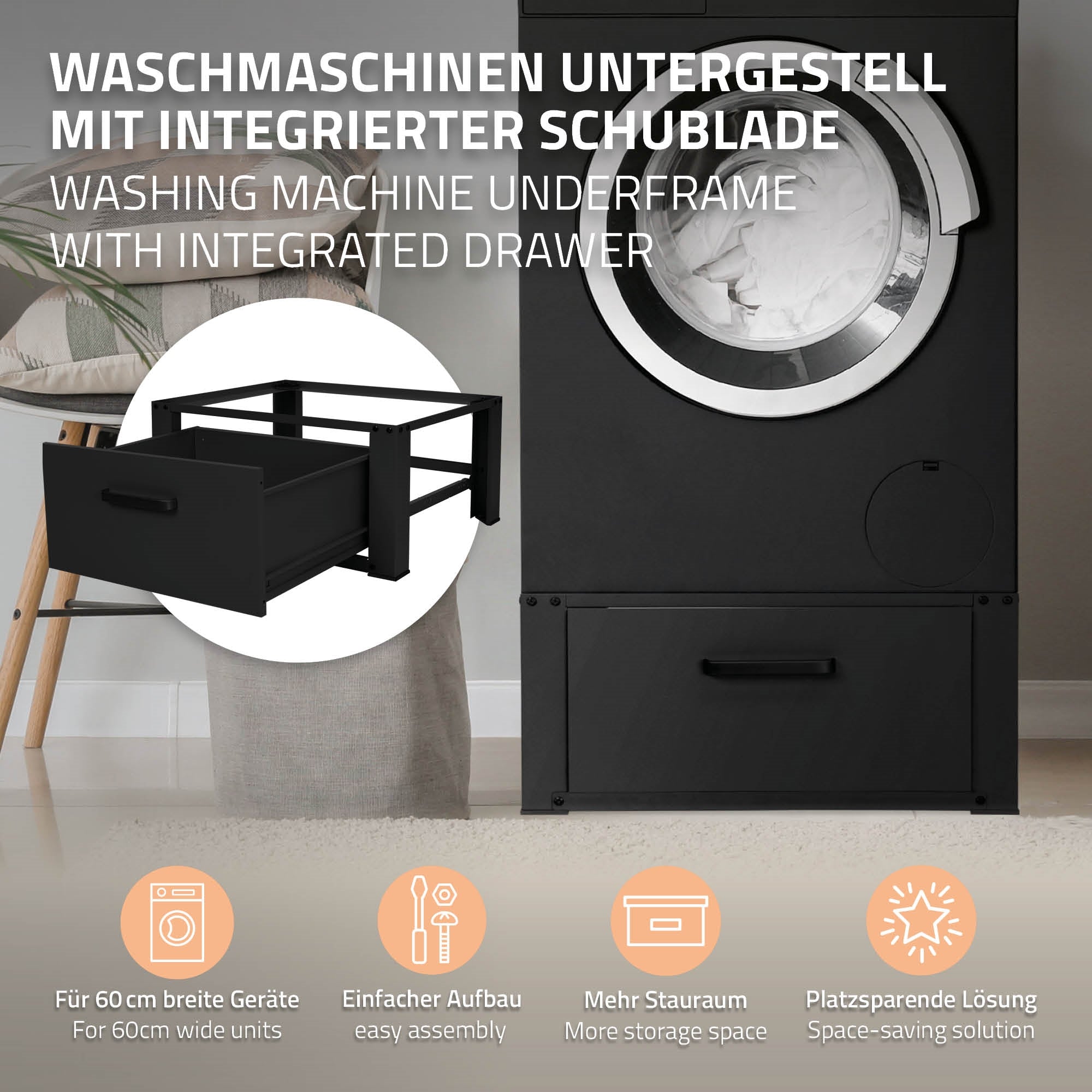 Untergestell für Waschmaschine mit integriertem Schublade.