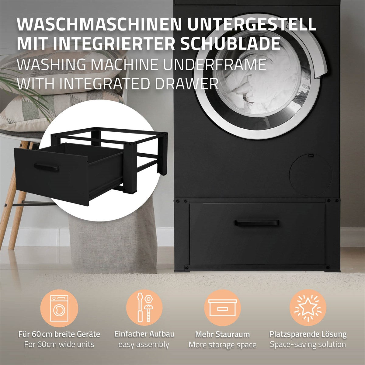 Untergestell für Waschmaschine mit integriertem Schublade.