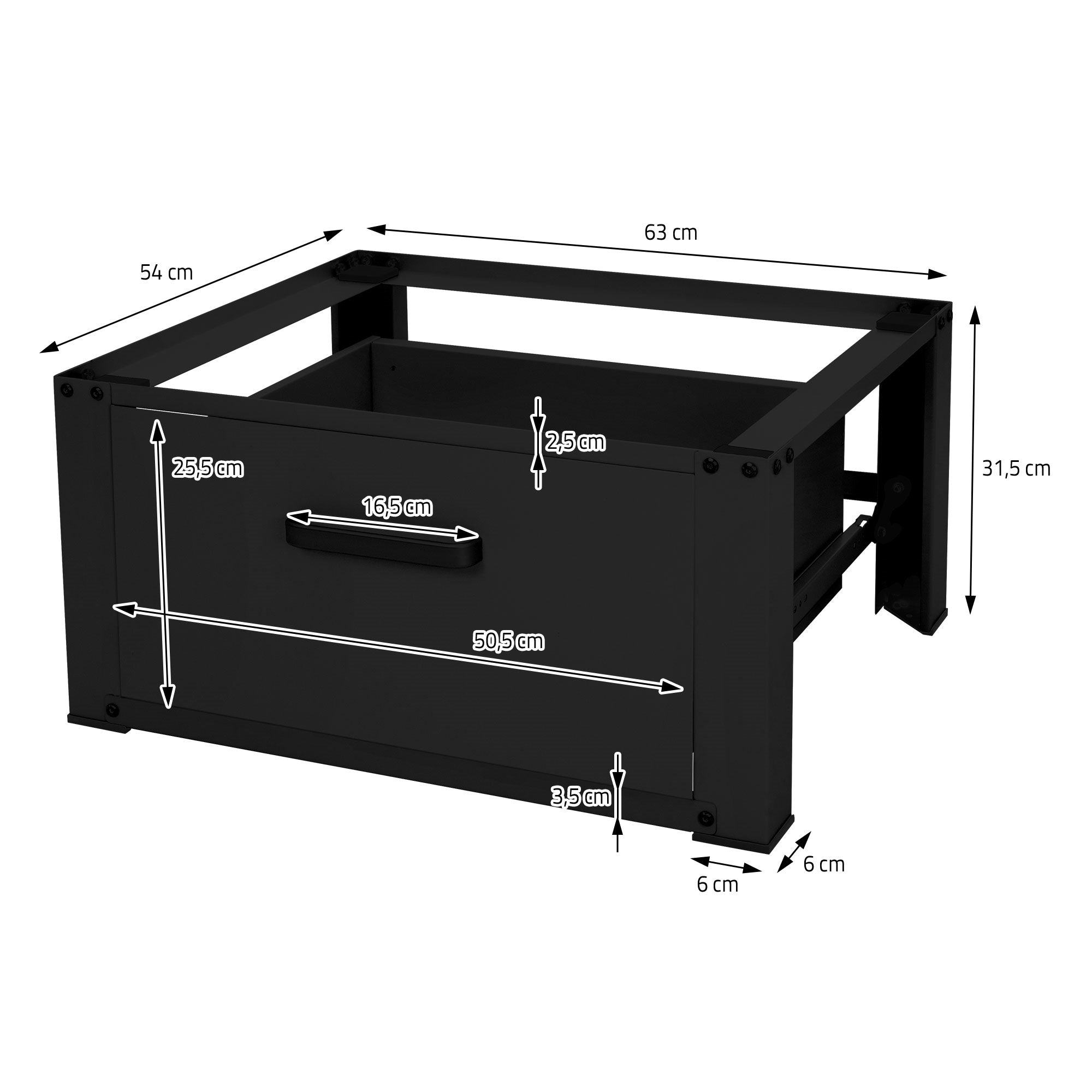 Meuble à tiroirs noir avec des dimensions et un tiroir partiellement ouvert.