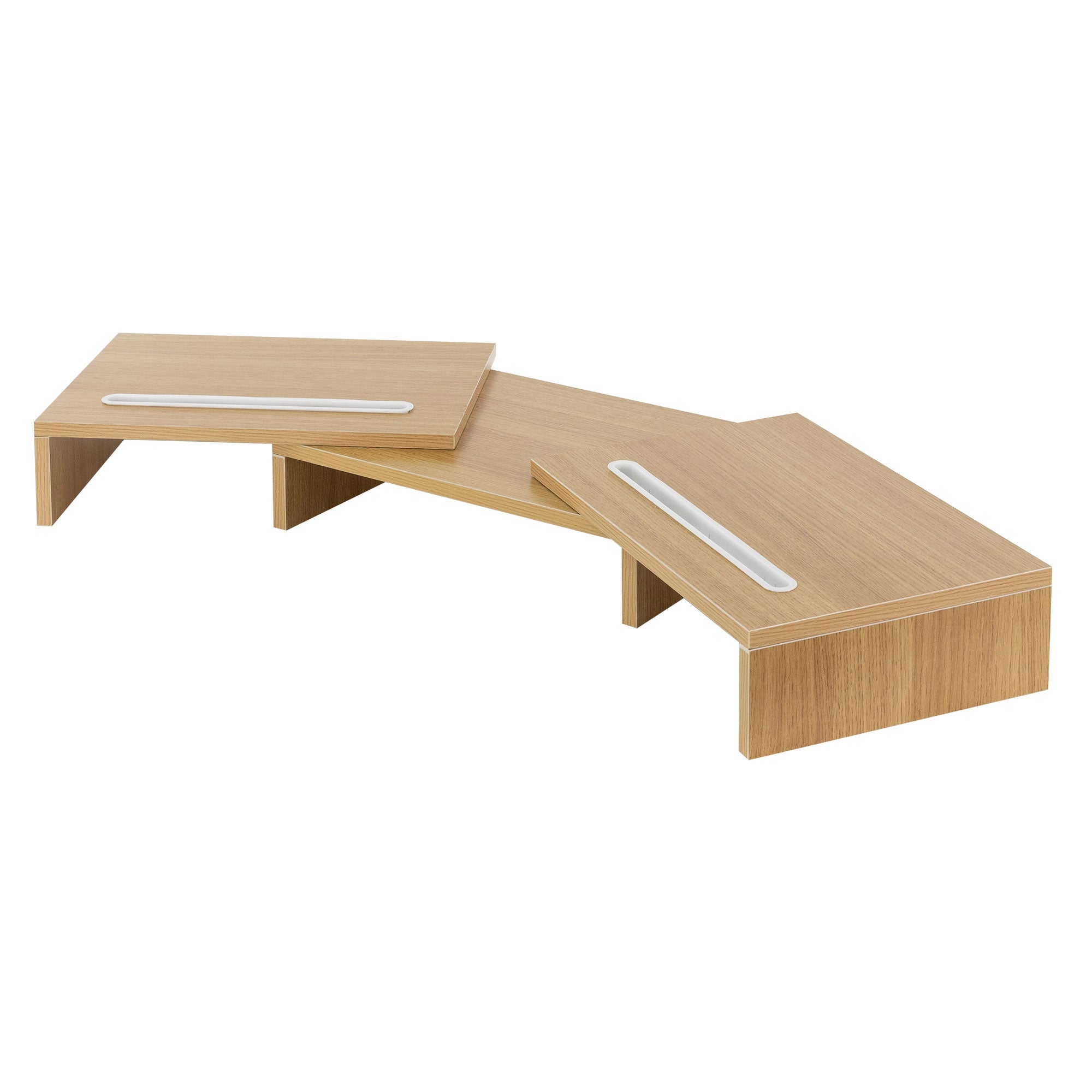 Holztisch mit zwei Ebenen in einer geschwungenen Form.