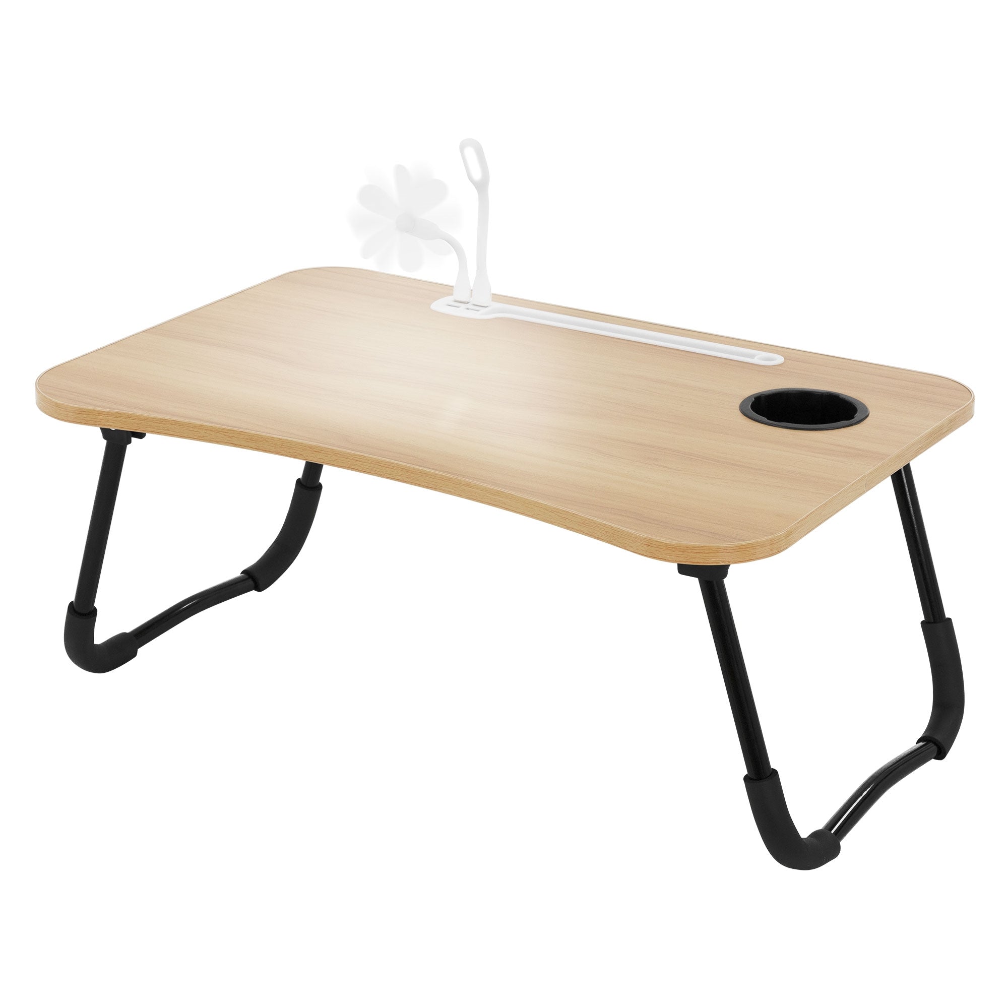 Holztisch mit gebogenen Kanten und schwarzem Gestell, mit einer Öffnung für Getränke.
