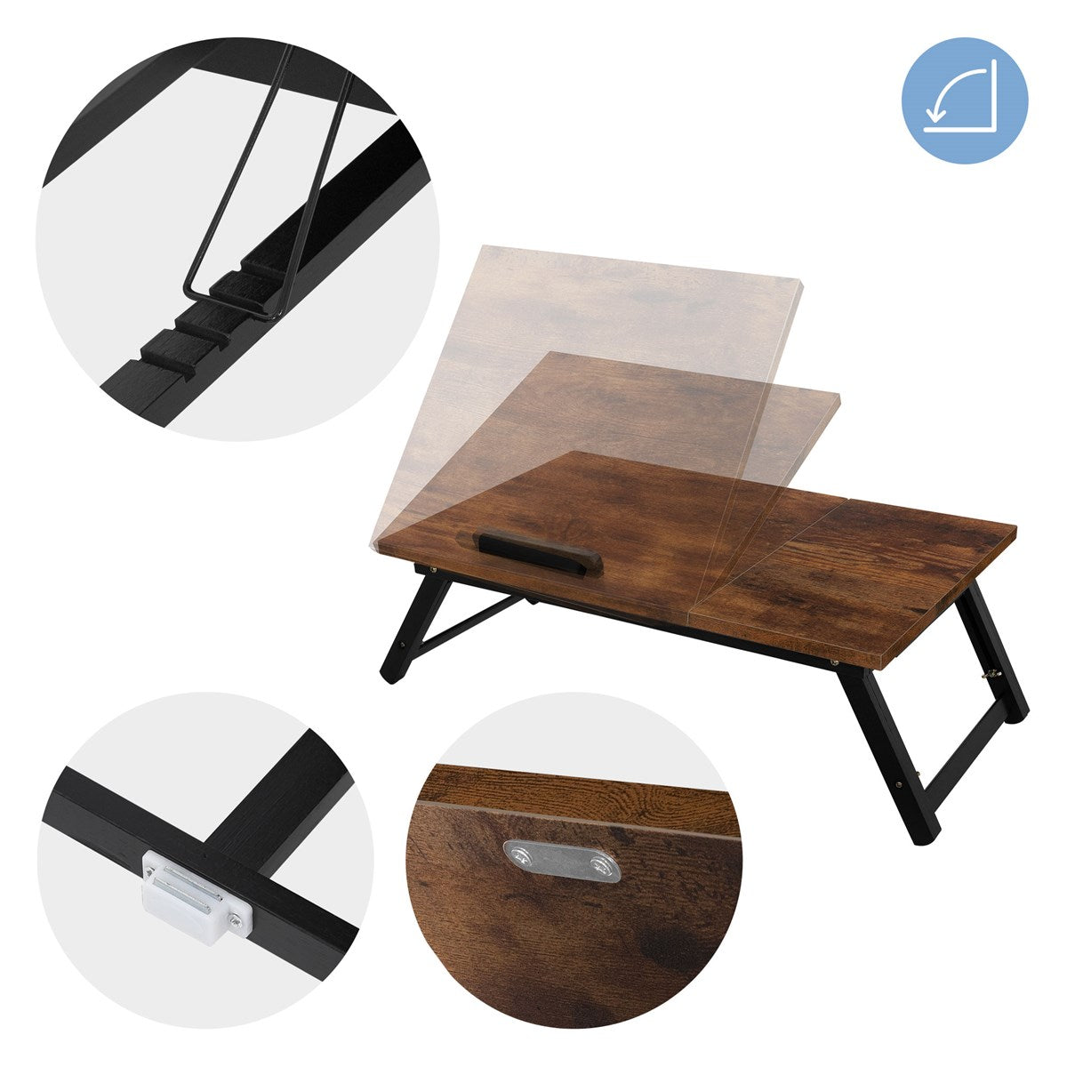 Holztisch mit transparentem Ablagefach und verstellbaren Füßen.