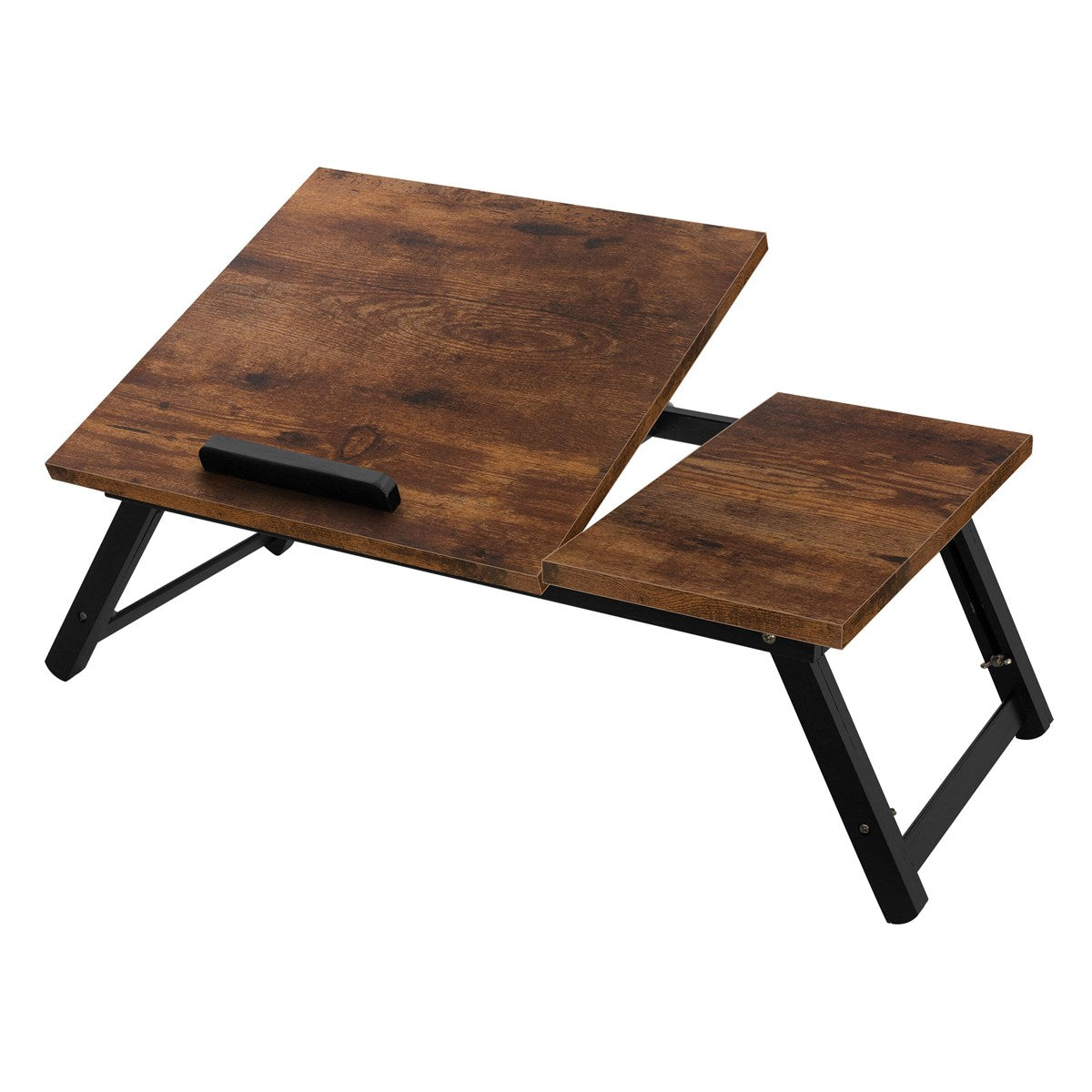 Ein klappbarer Tisch aus dunklem Holz mit einem kleinen Ablagebereich.