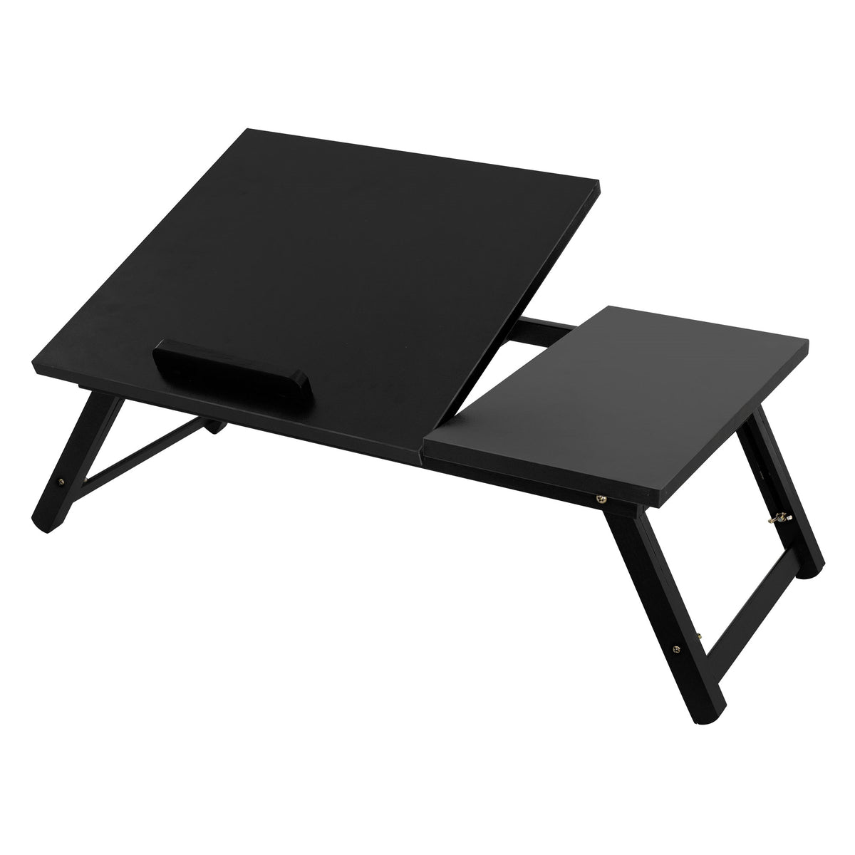 Table pliante noire avec un grand et un petit rangement.