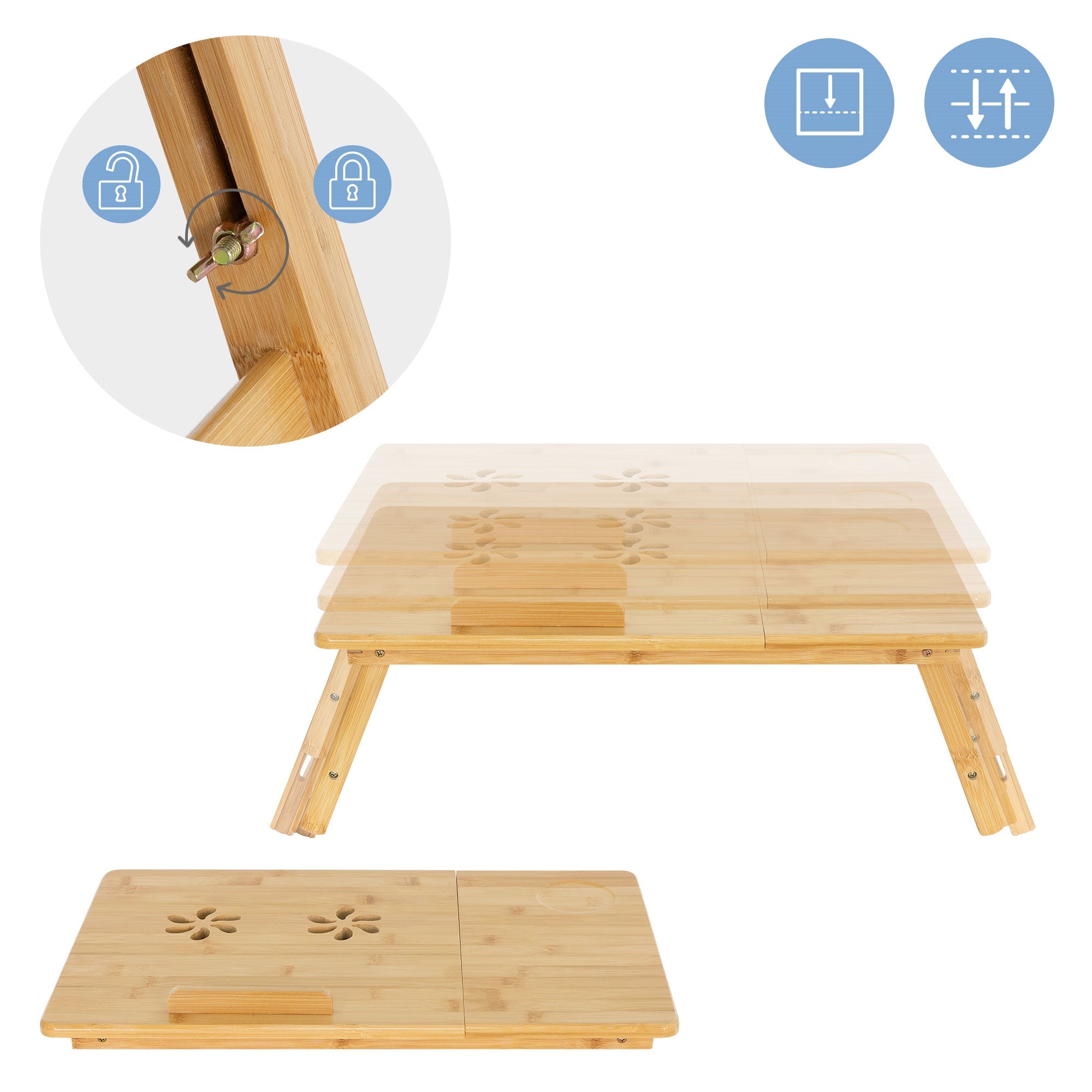Detailní pohled na skládací bambusový stůl s uzamykacím mechanismem.