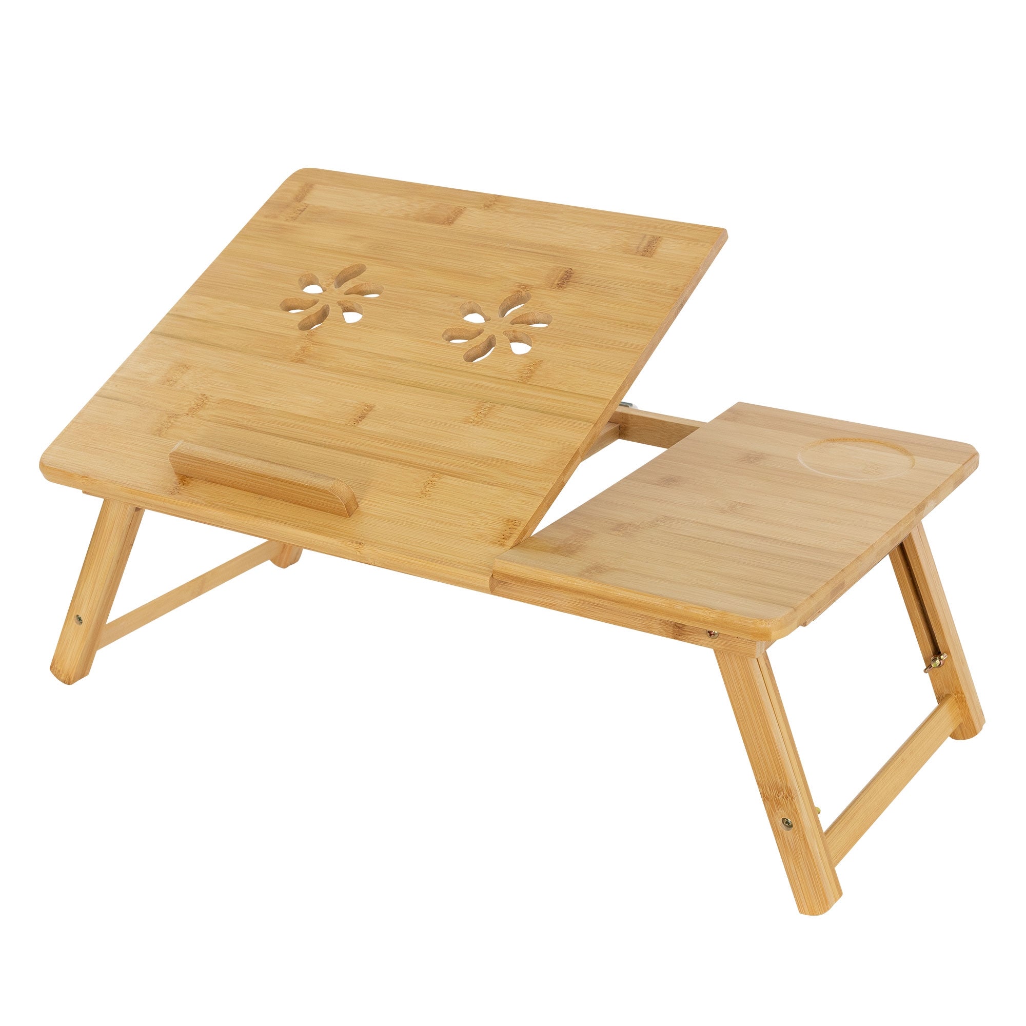 Bambus-Laptoptisch mit verstellbarem Neigungswinkel und Ablage.
